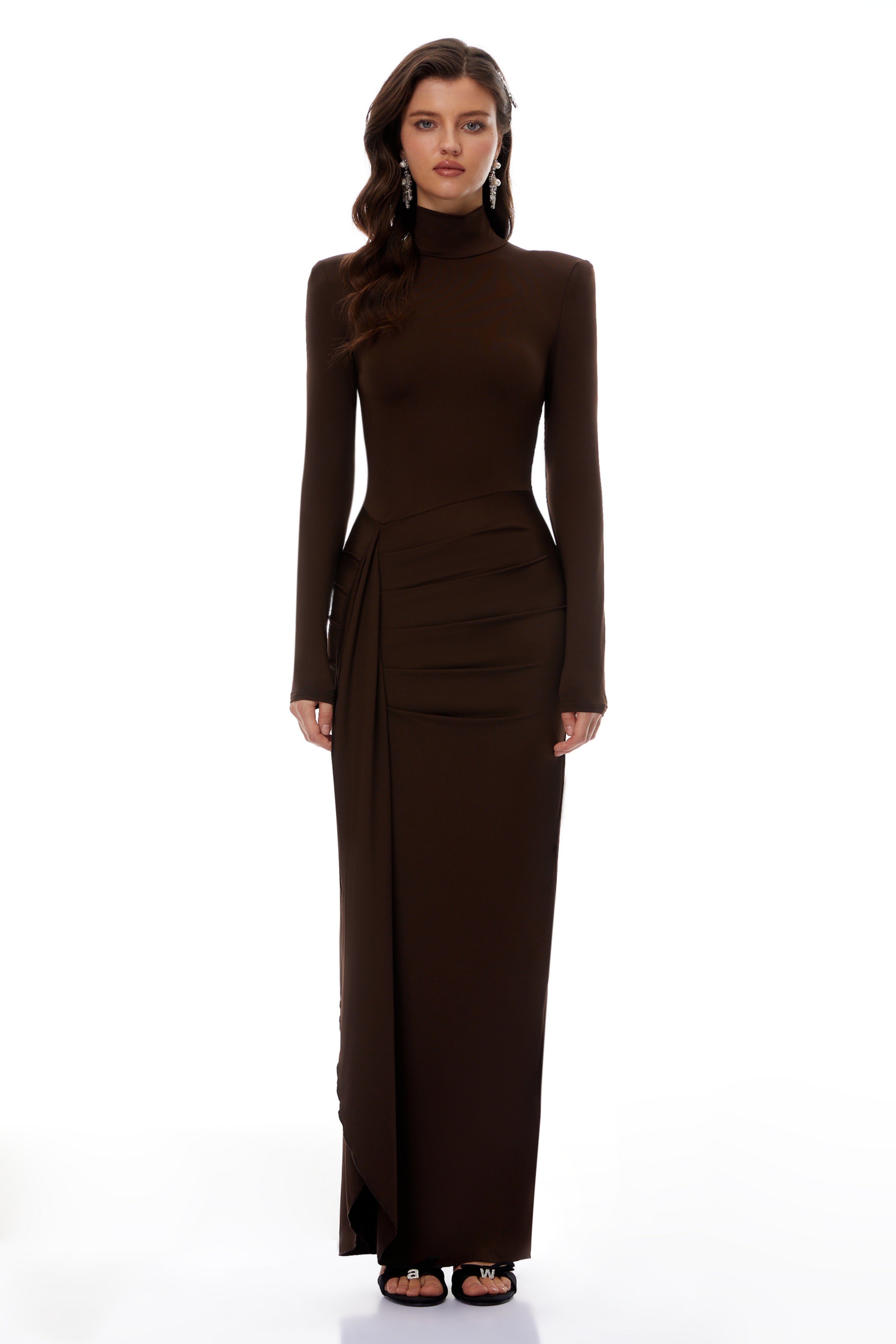 Neve Brown High Neck Twist Knot Maxi Dress