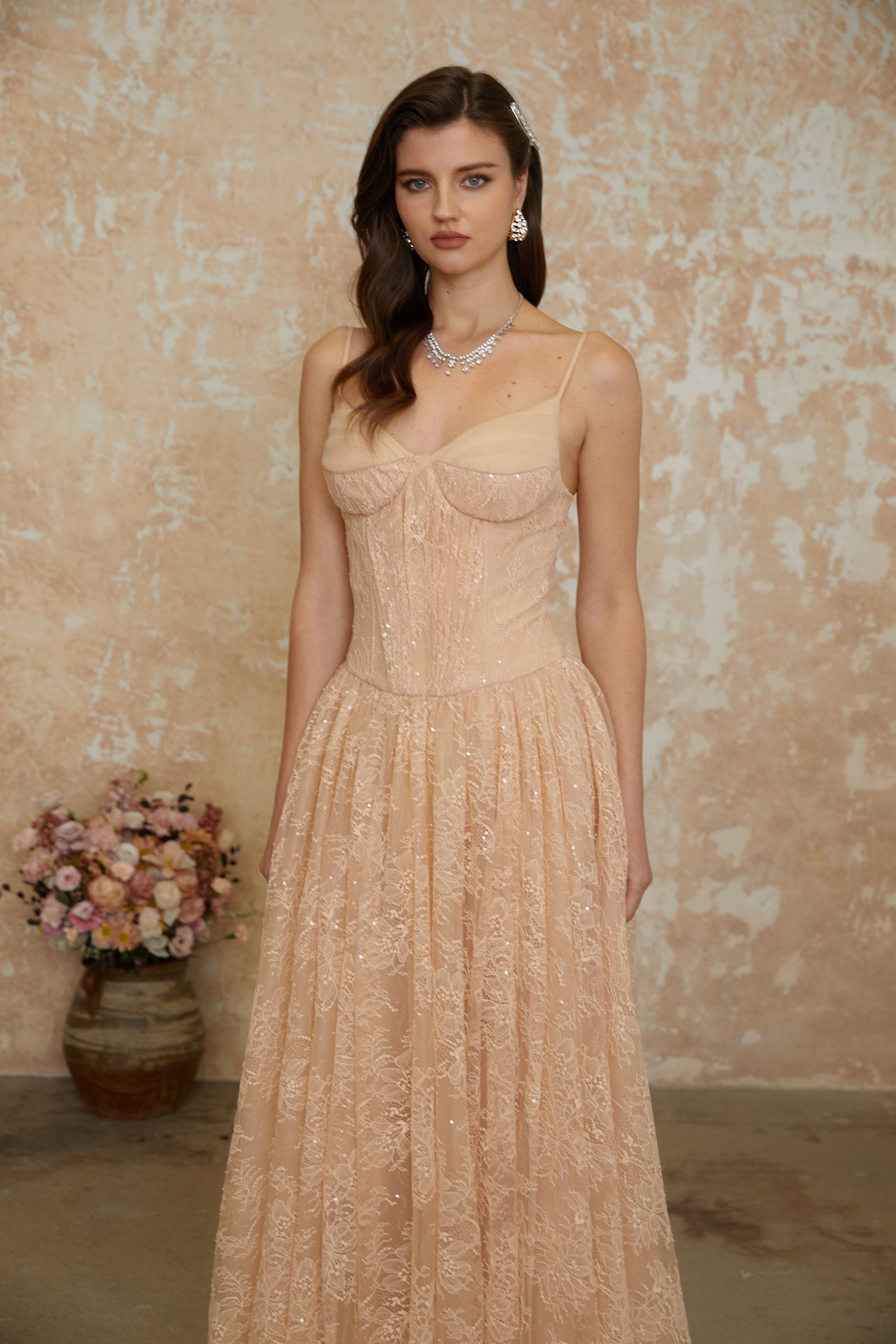 Giuseppina Neutral Pleated Lace Maxi Dress