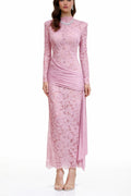 Nuria Pink Ribbon Detail Floral Lace Midi Dress