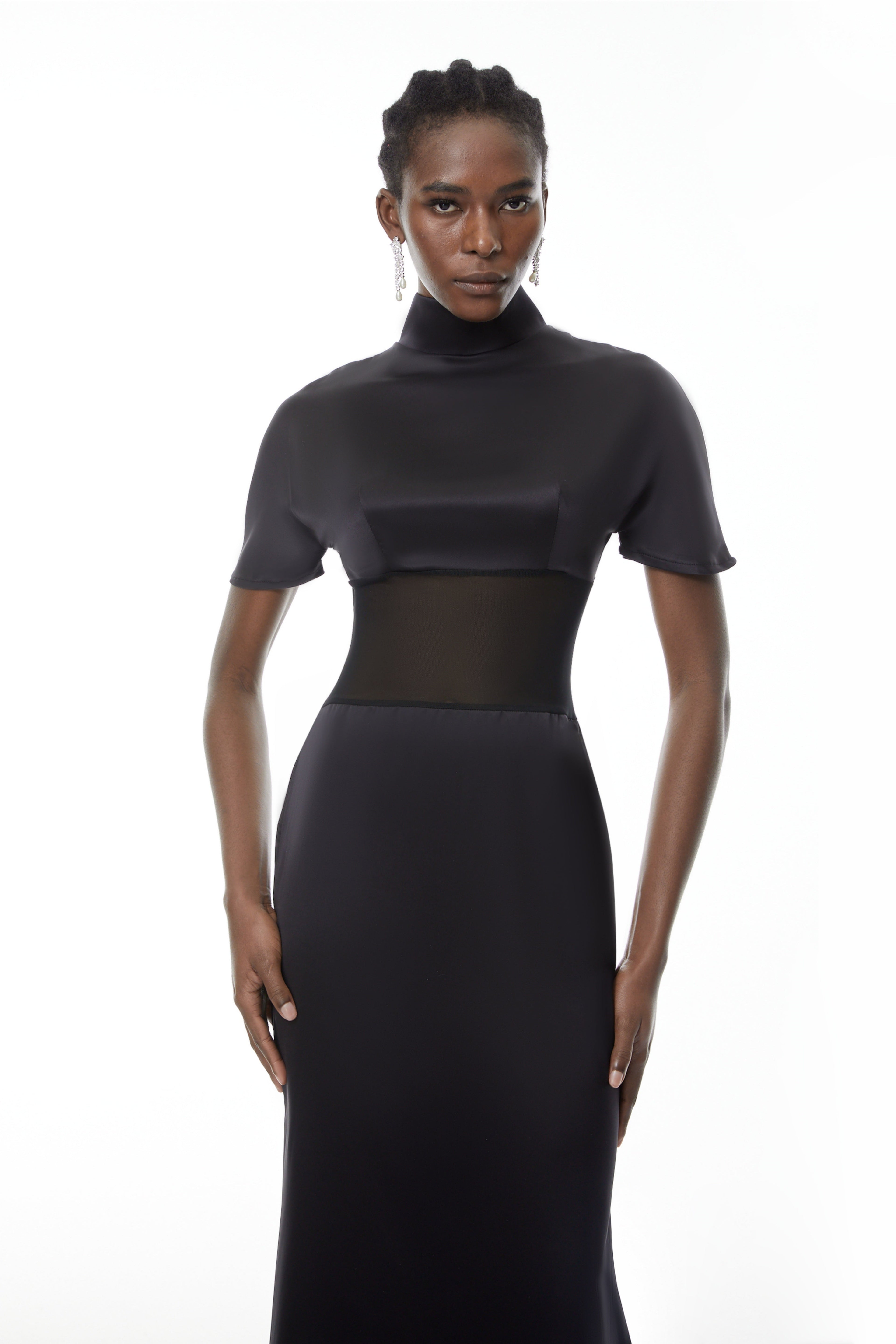 Odelia Black High Neck Sheer Maxi Dress