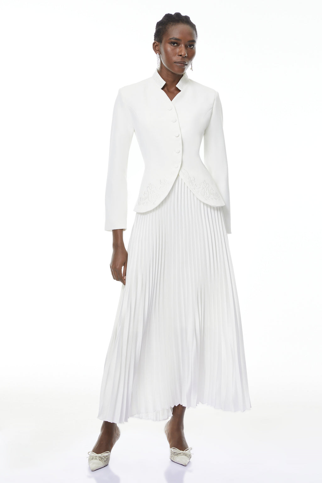 Olivia White Floral Embroidered Blazer & Pleated Skirt Set