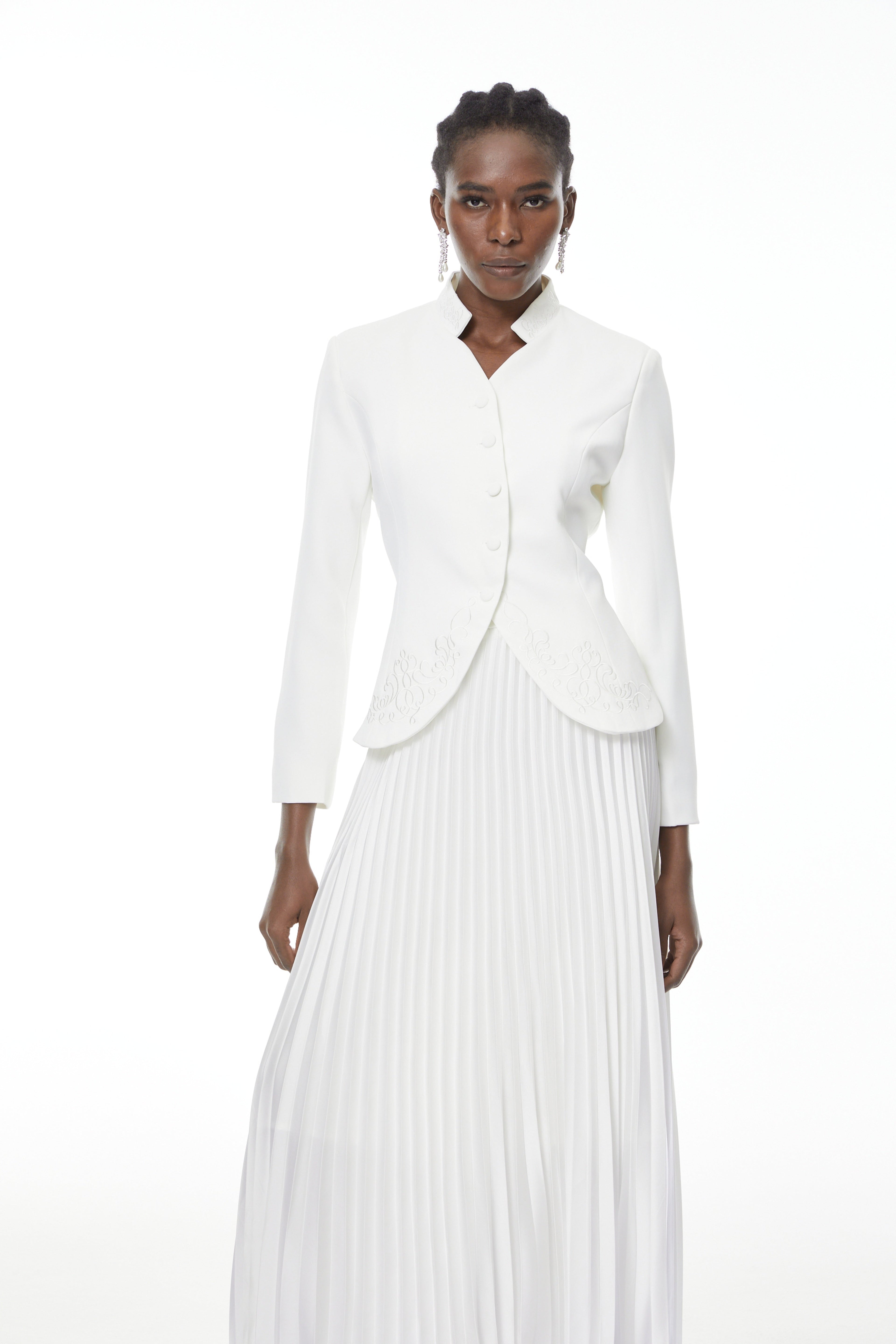 Olivia White Floral Embroidered Blazer & Pleated Skirt Set