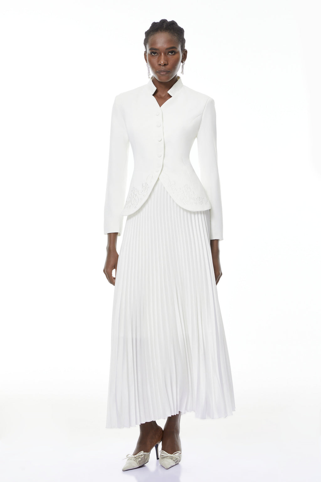 Olivia White Floral Embroidered Blazer & Pleated Skirt Set