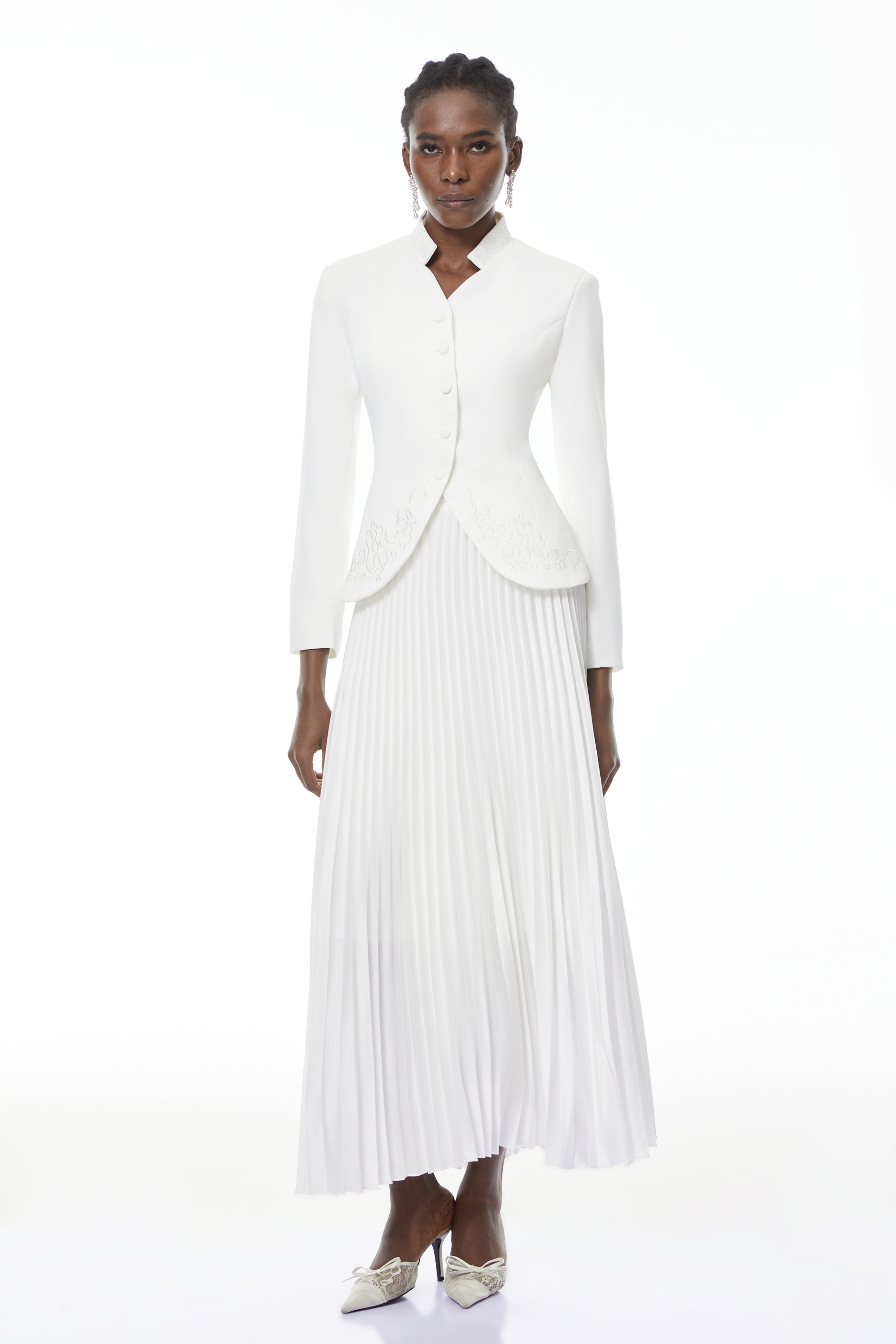 Olivia White Floral Embroidered Blazer & Pleated Skirt Set