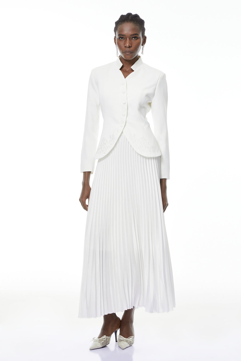 Olivia White Floral Embroidered Blazer & Pleated Skirt Set