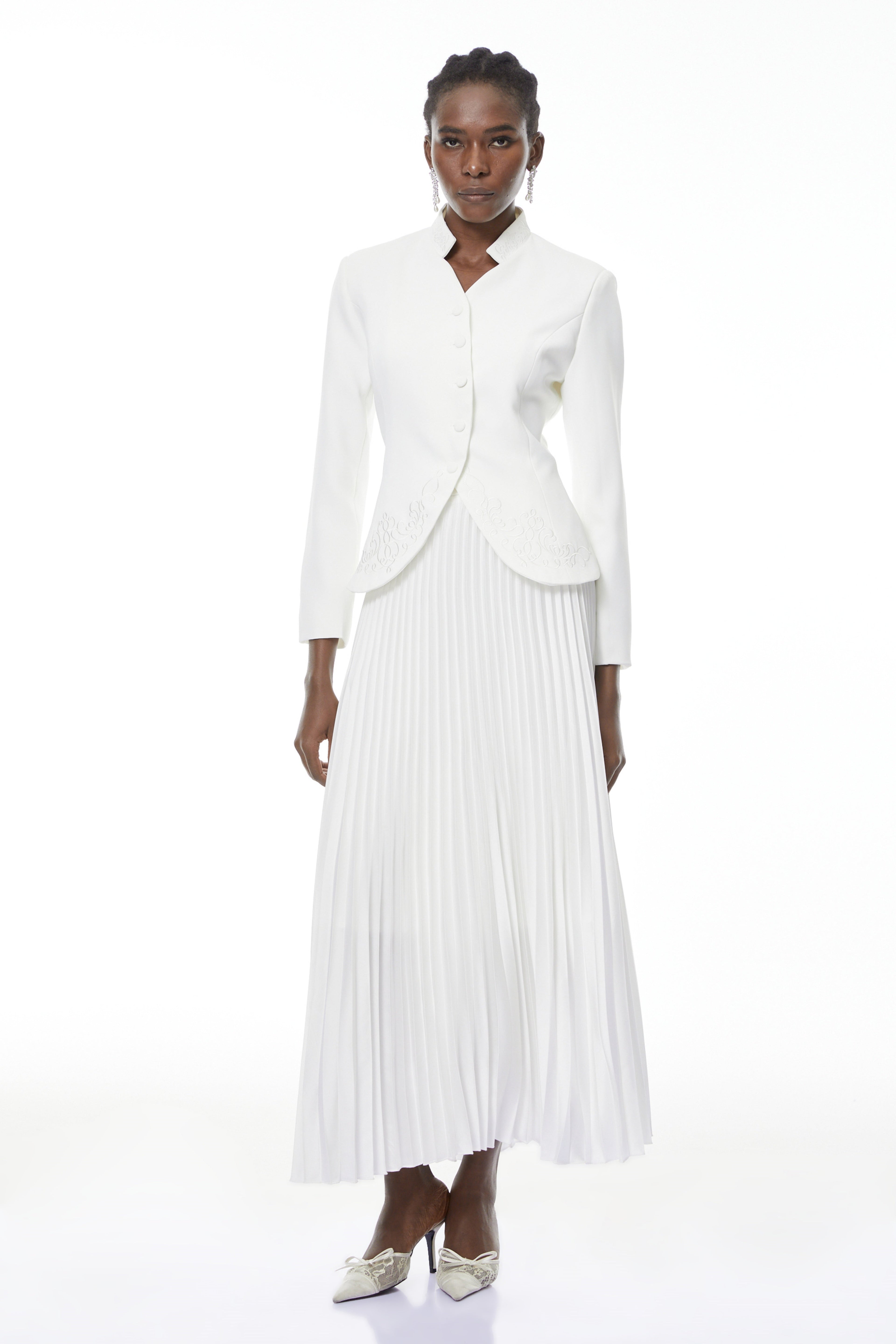 Olivia White Floral Embroidered Blazer & Pleated Skirt Set