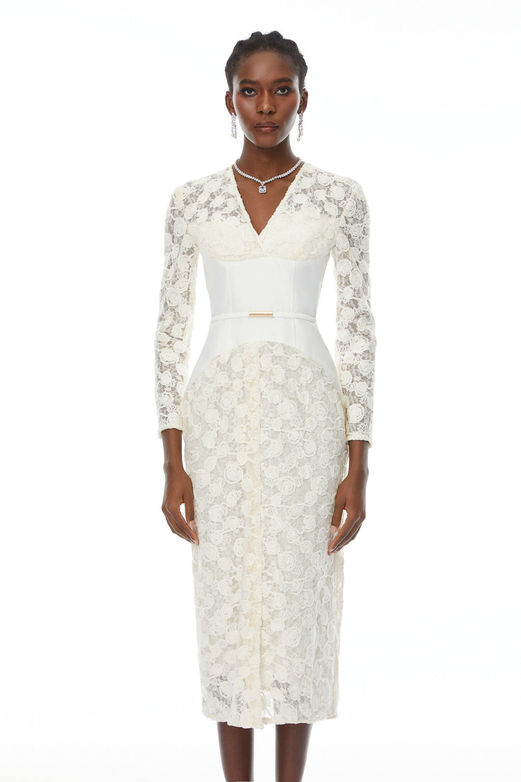 Oona White Floral Lace Pencil Midi Dress
