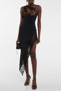 Capucine Black Lace Panel Asymmetrical Midi Dress