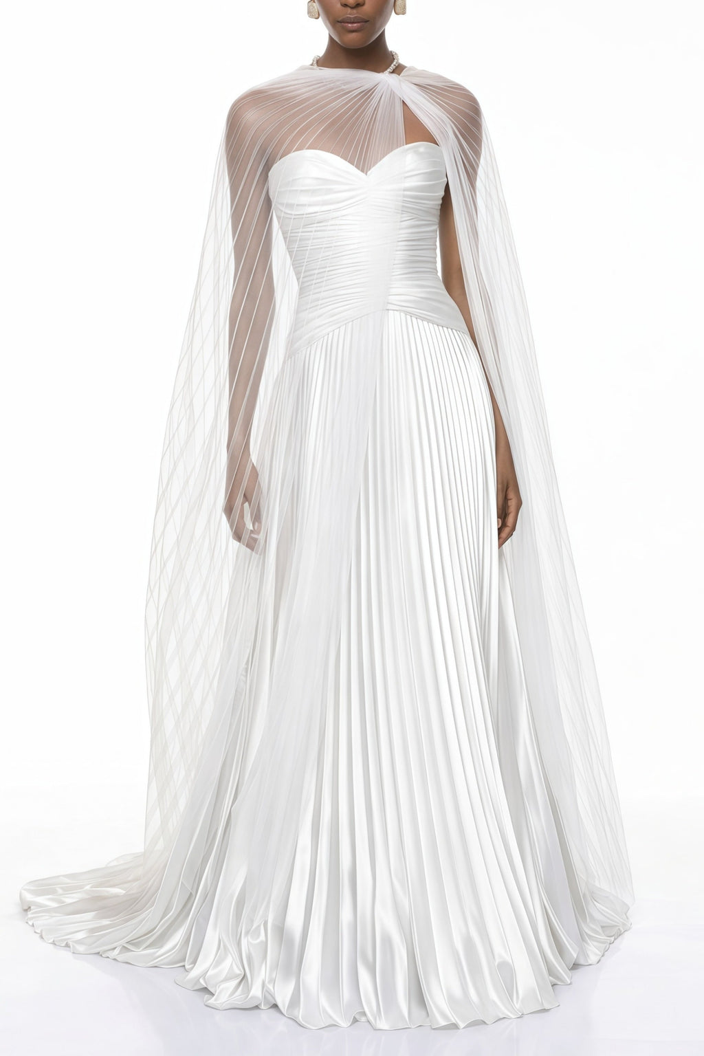 Palesa White Pleated Glossy Maxi Dress & Cape Set