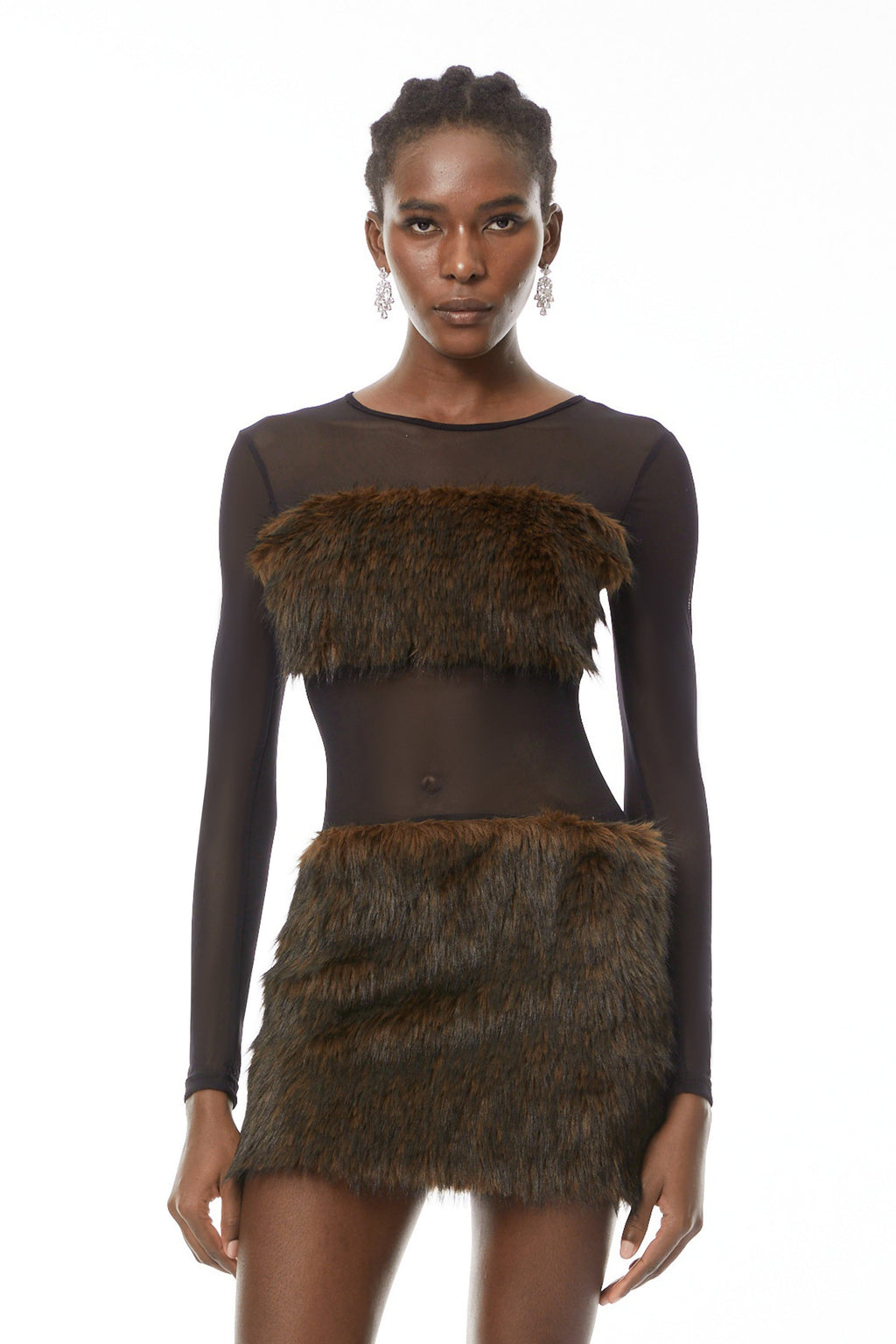Paloma Brown Faux-Fur Panel Mini Dress