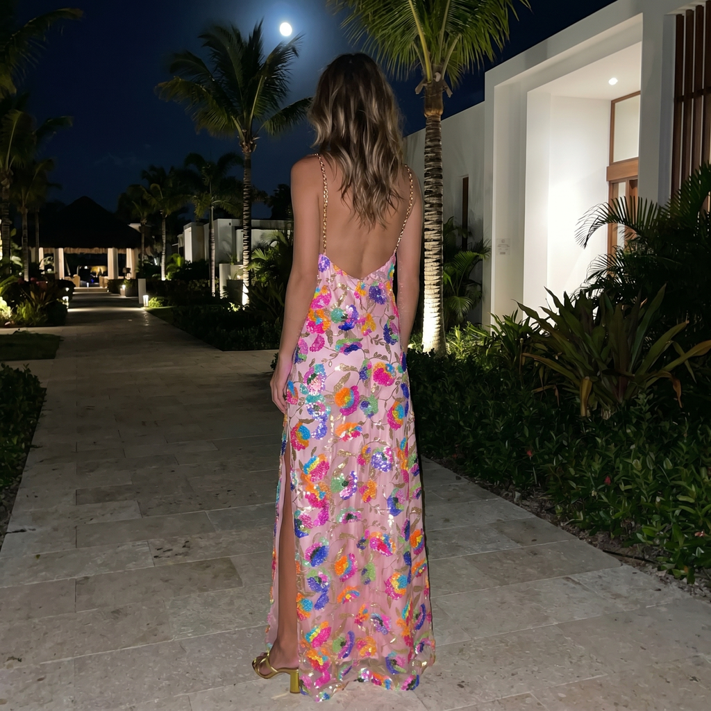 Vestido largo con abertura floral Penelope de DION NOIR, ideal para invitadas de boda, con diseño elegante y detalles florales.