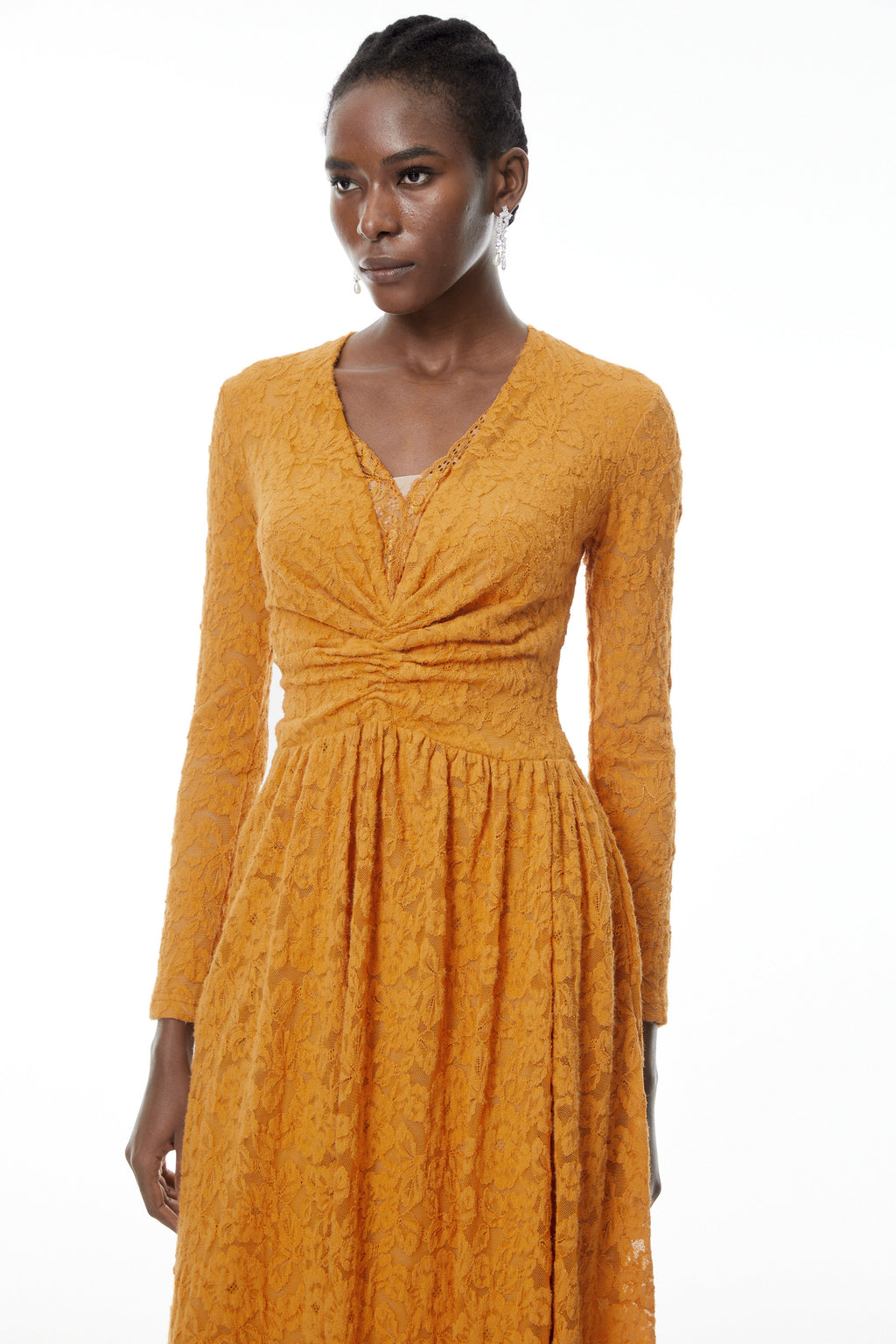 Posie Yellow Floral Lace Ruched Maxi Dress