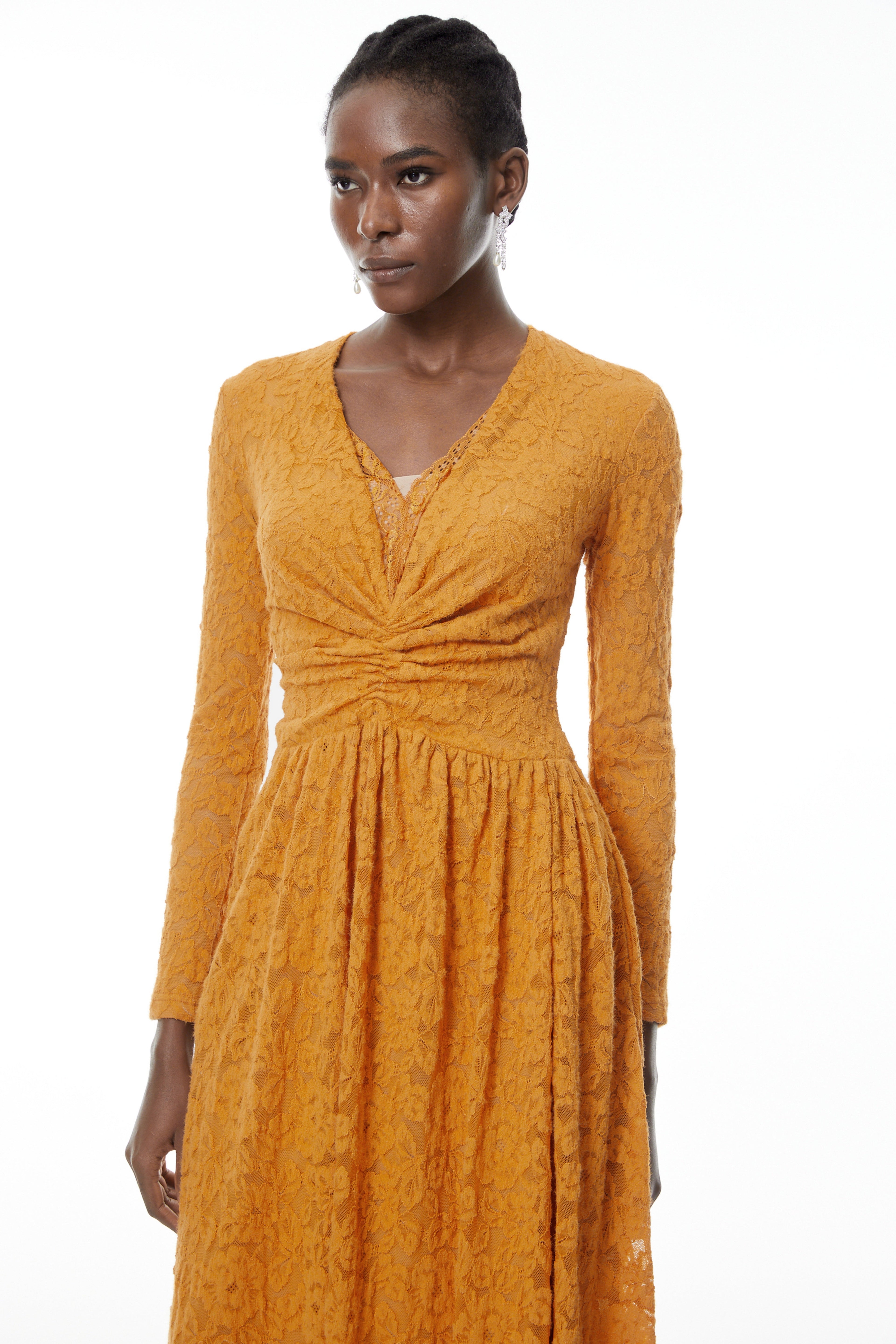Posie Yellow Floral Lace Ruched Maxi Dress