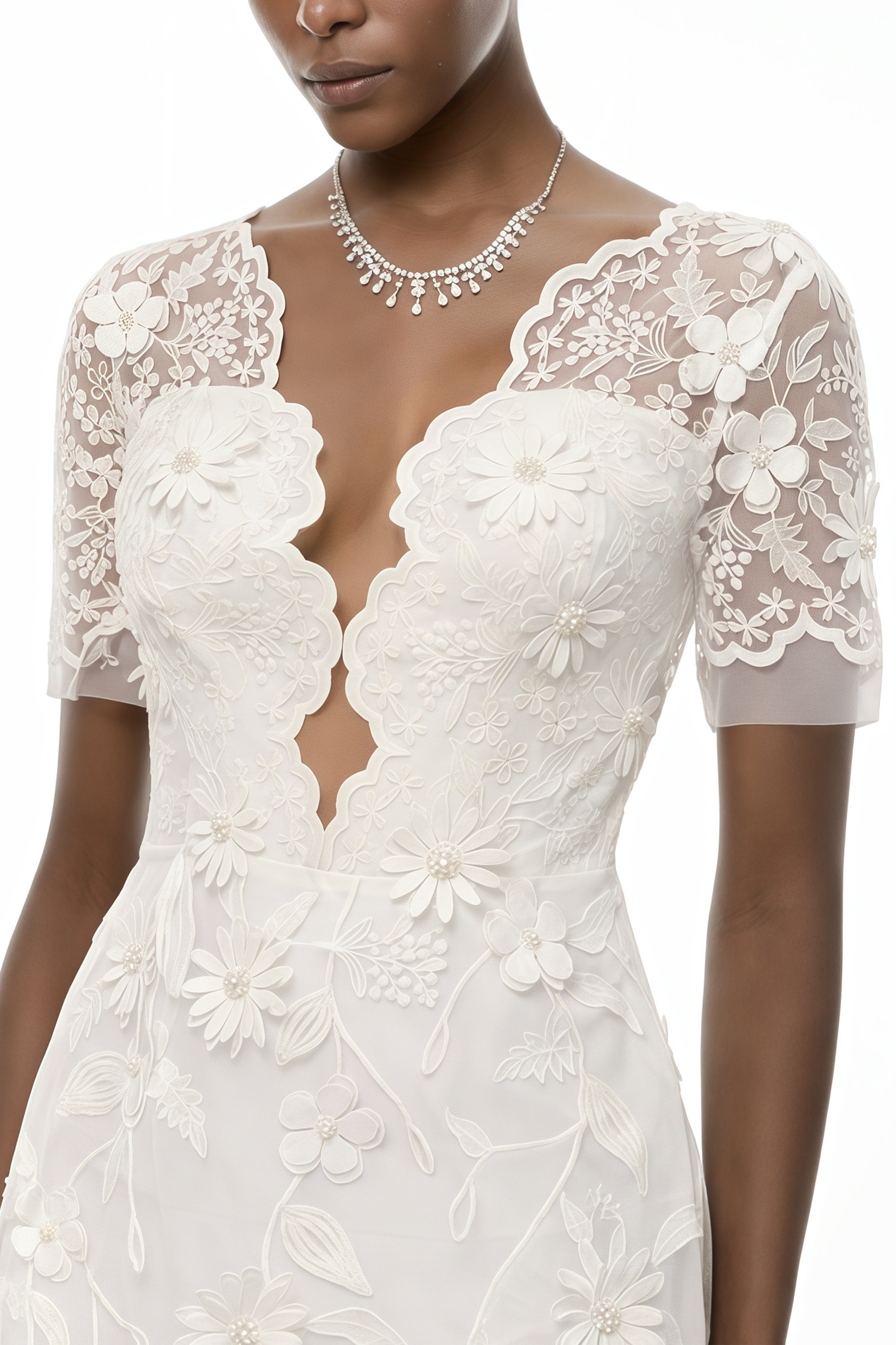 Vestido midi blanco Quetz de MRMelbourne con detalles de pétalos en 3D, con diseño elegante y moderno.