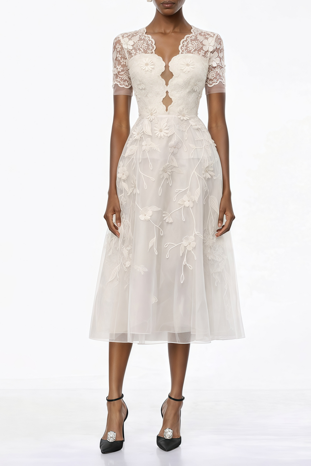 Vestido midi blanco Quetz de MRMelbourne con detalles de pétalos 3D y diseño elegante para ocasiones especiales.