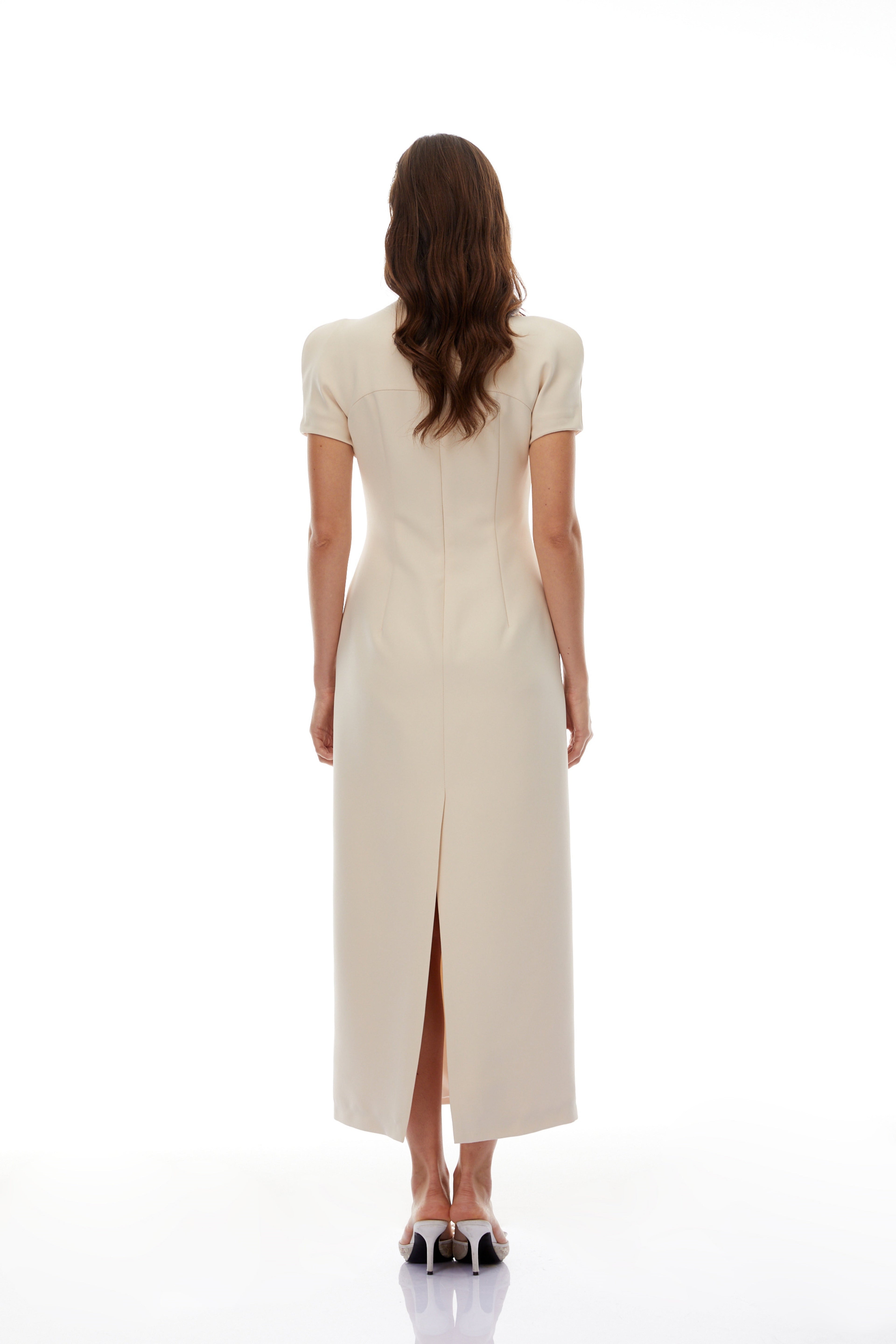 Quintella Neutral Floral Crystal Midi Dress