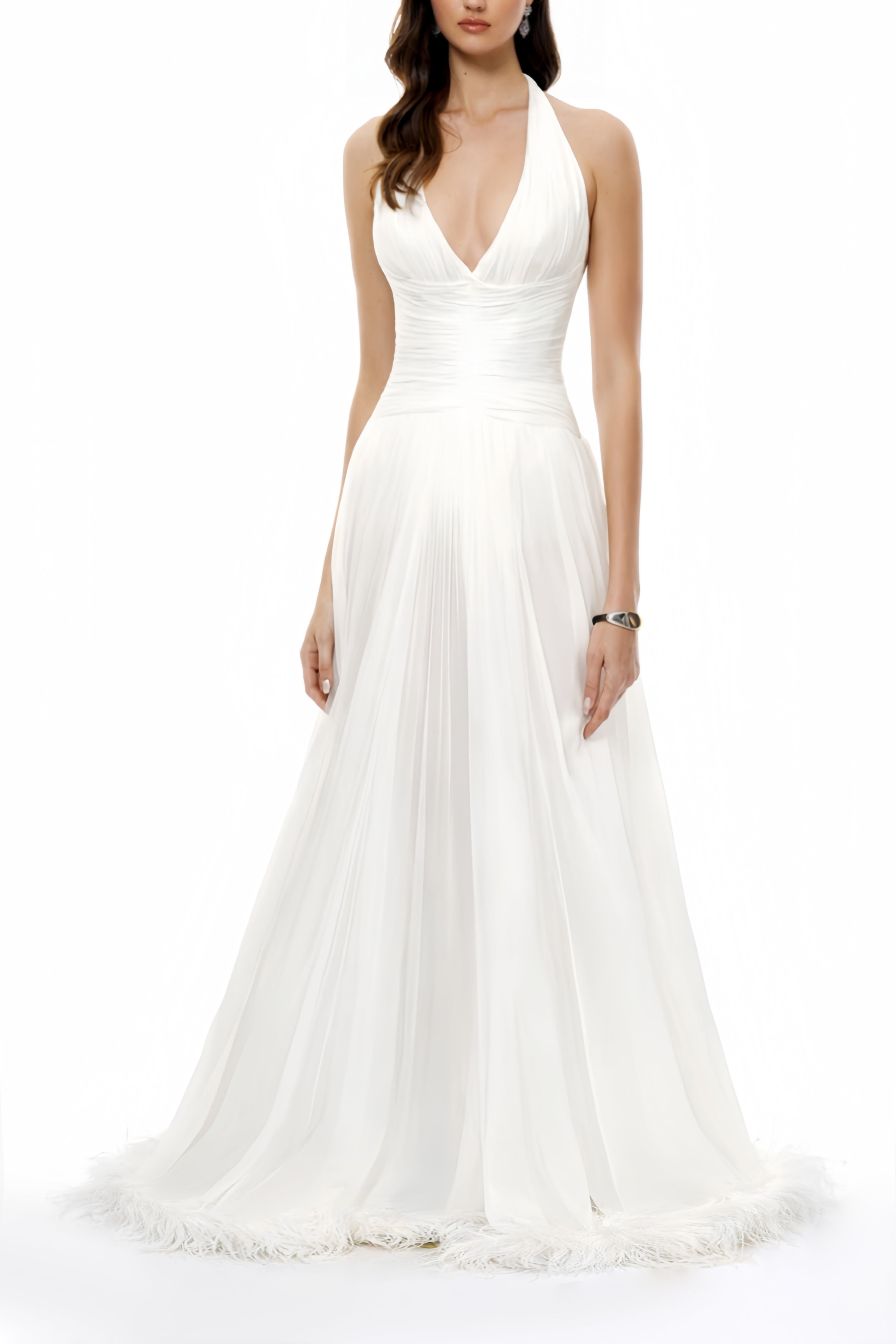 Ramona White Feather Hem Gathered Maxi Dress