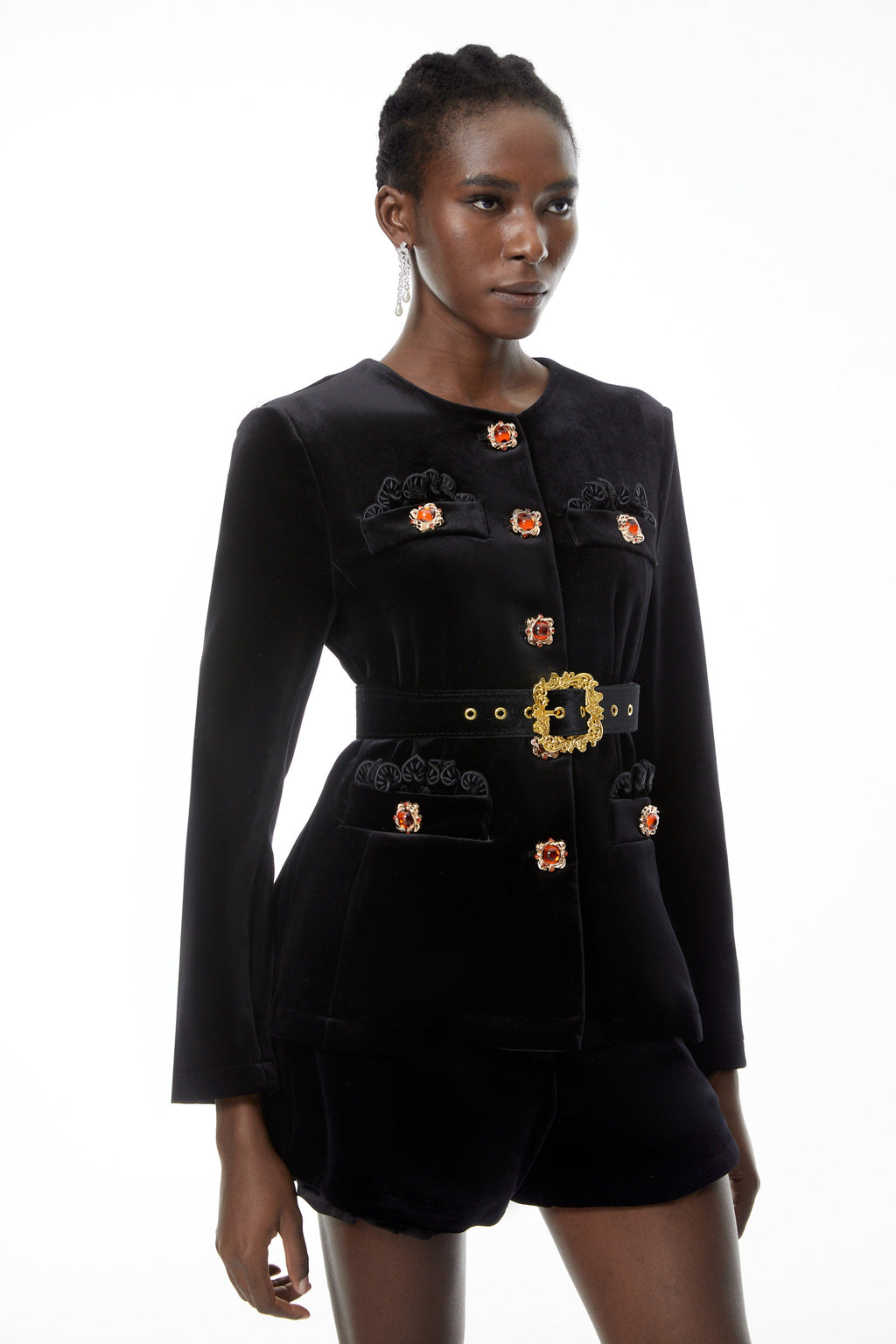 Reese Black Embellished Velvet Blazer & Shorts Set
