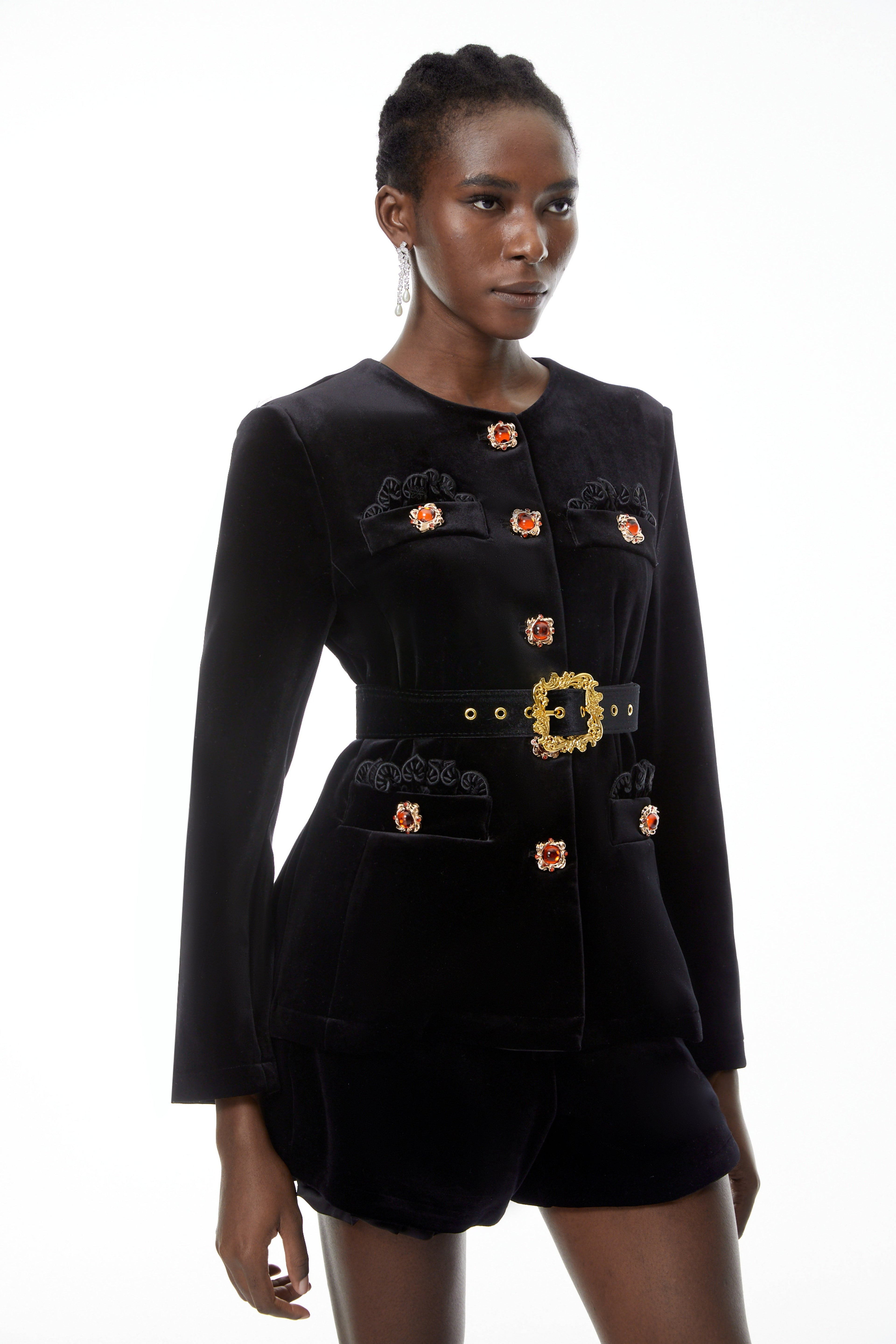 Reese Black Embellished Velvet Blazer & Shorts Set
