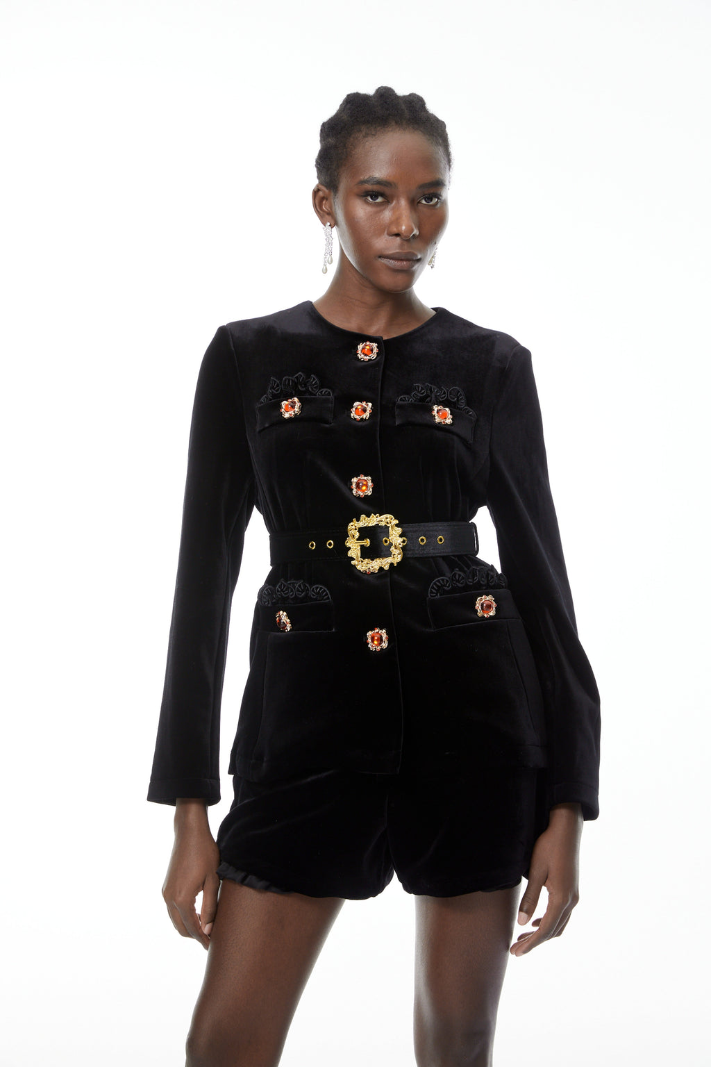 Reese Black Embellished Velvet Blazer & Shorts Set