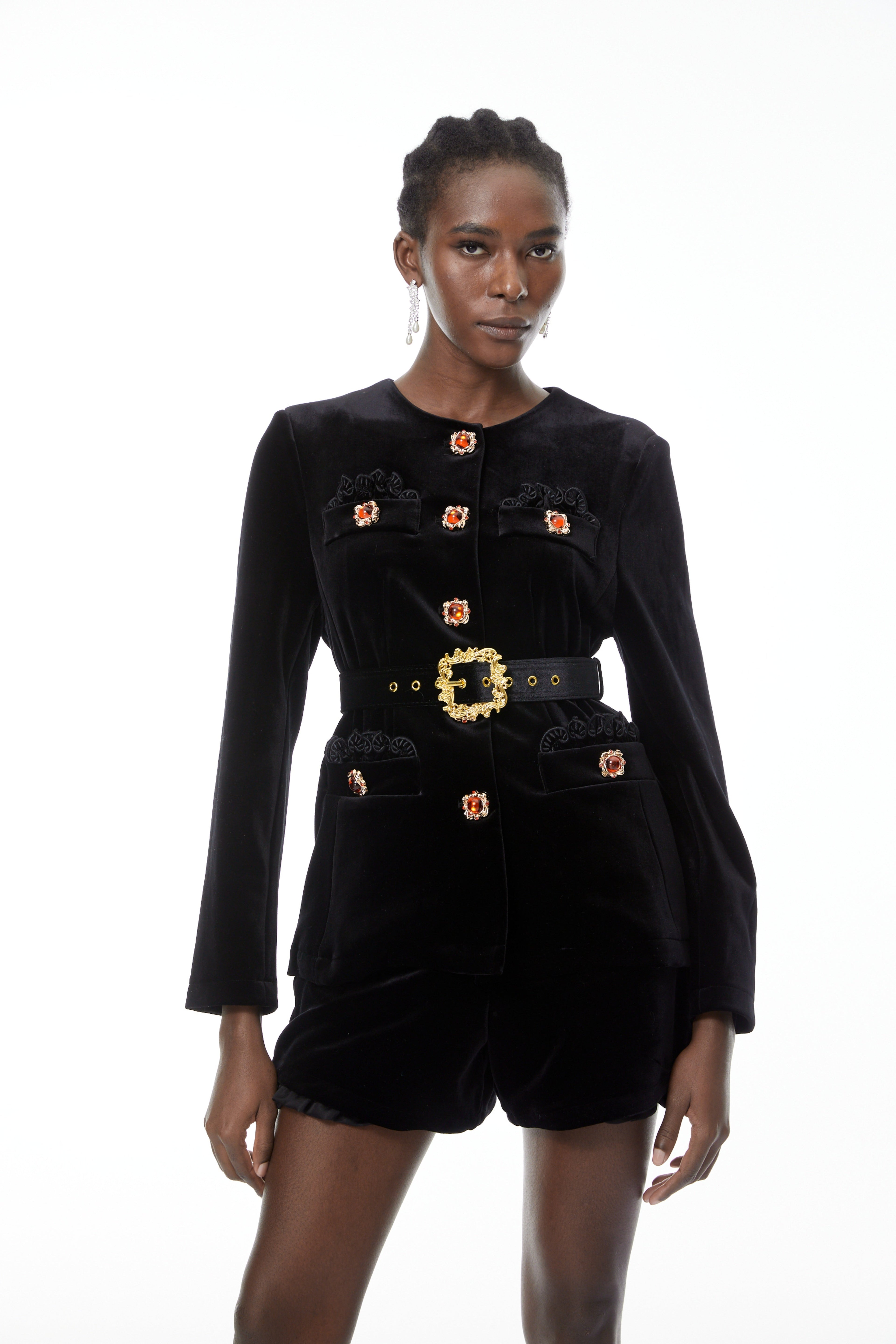 Reese Black Embellished Velvet Blazer & Shorts Set