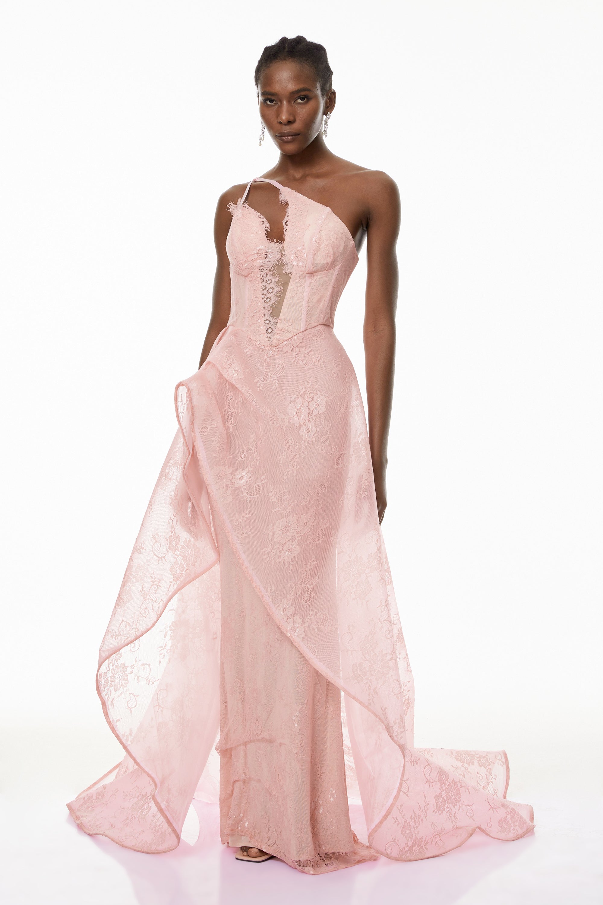 Ricarda Pink One Shoulder Lace Maxi Dress