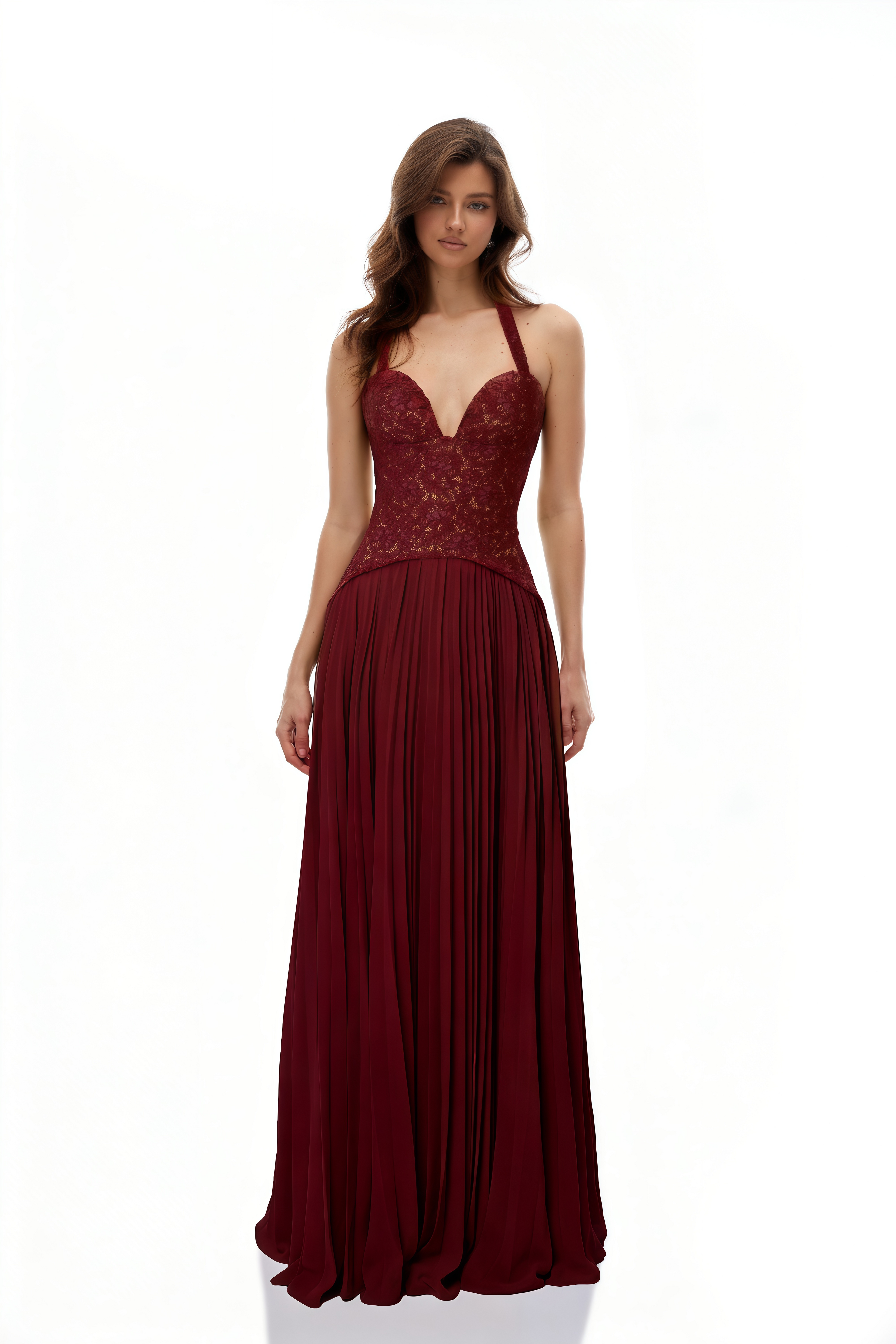 Vestido de noche estilo corsé Ronja Ruby Red de MRNewyork, con diseño ajustado y color rojo brillante.