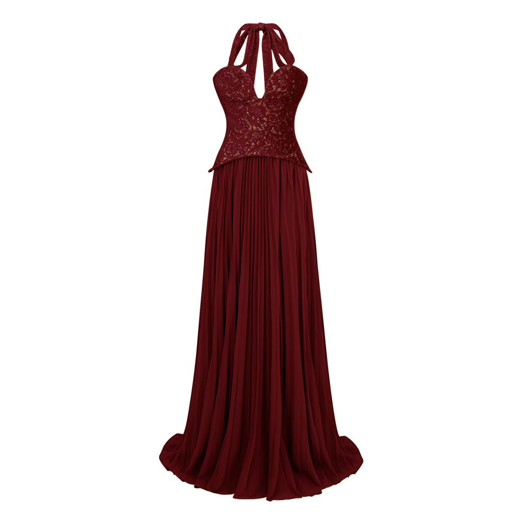 Vestido de novia Ronja Ruby Red con corsé ajustado y falda larga, en color rojo brillante, estilo elegante y sofisticado.
