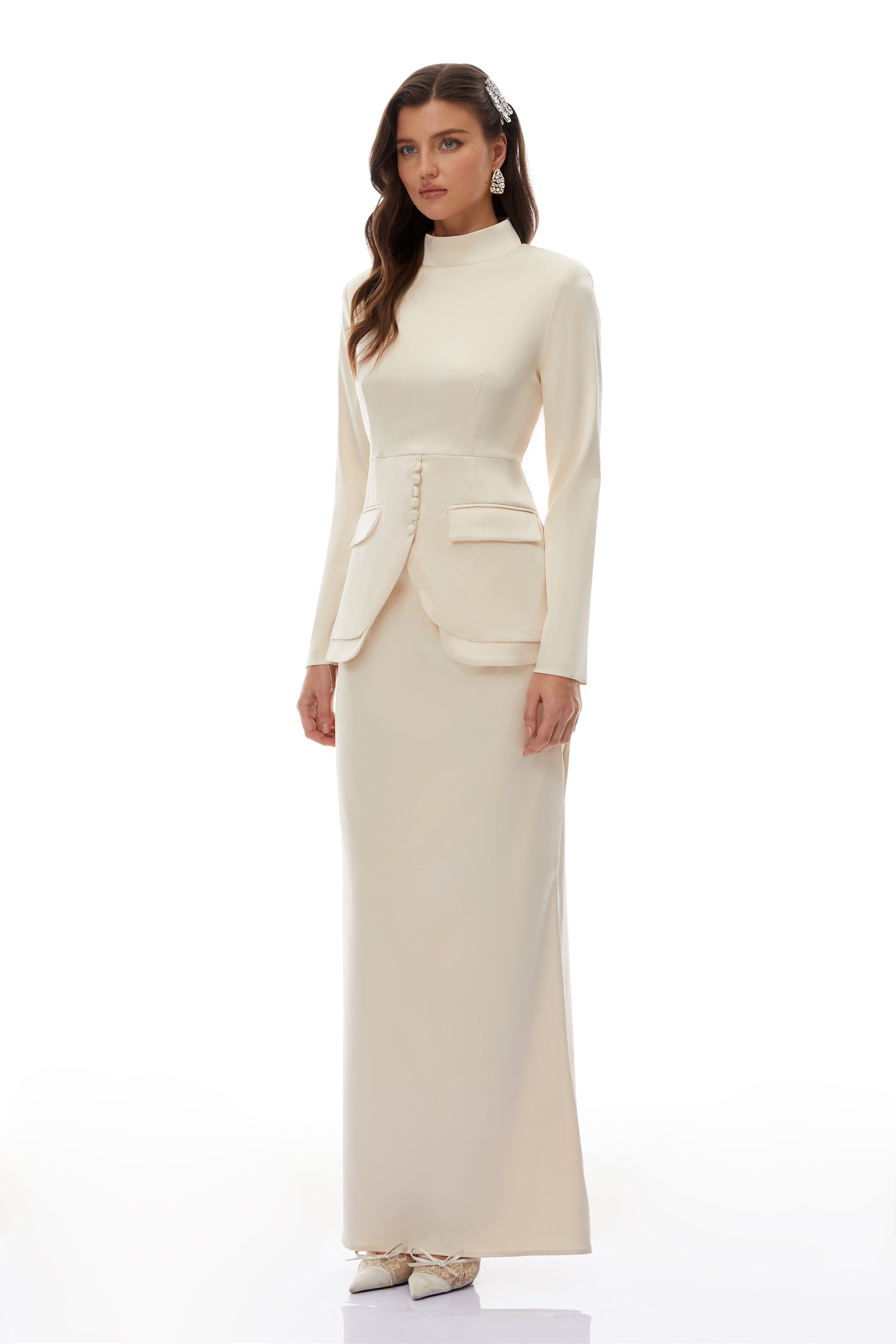 Roxanne Neutral Mock Neck Blouse & Mermaid Skirt Set