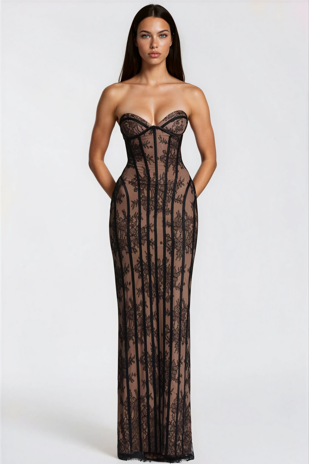 Vestido largo de noche negro con encaje floral y corsé ajustado, estilo maxi de MRNewyork, en tonos elegantes y sofisticados