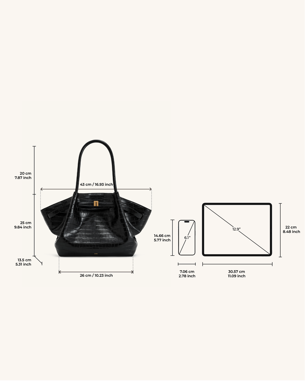 Bolso tote mediano Hana de JW PEI en color negro con textura de cocodrilo, diseño elegante y moderno.