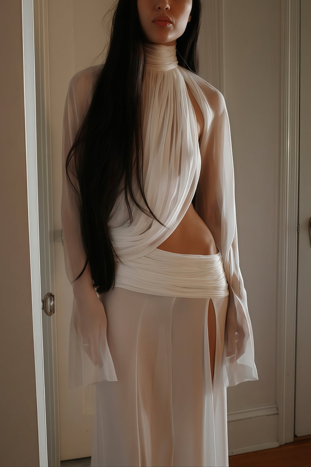 Giuseppina White High Neck Cut-Out Top & Skirt Set