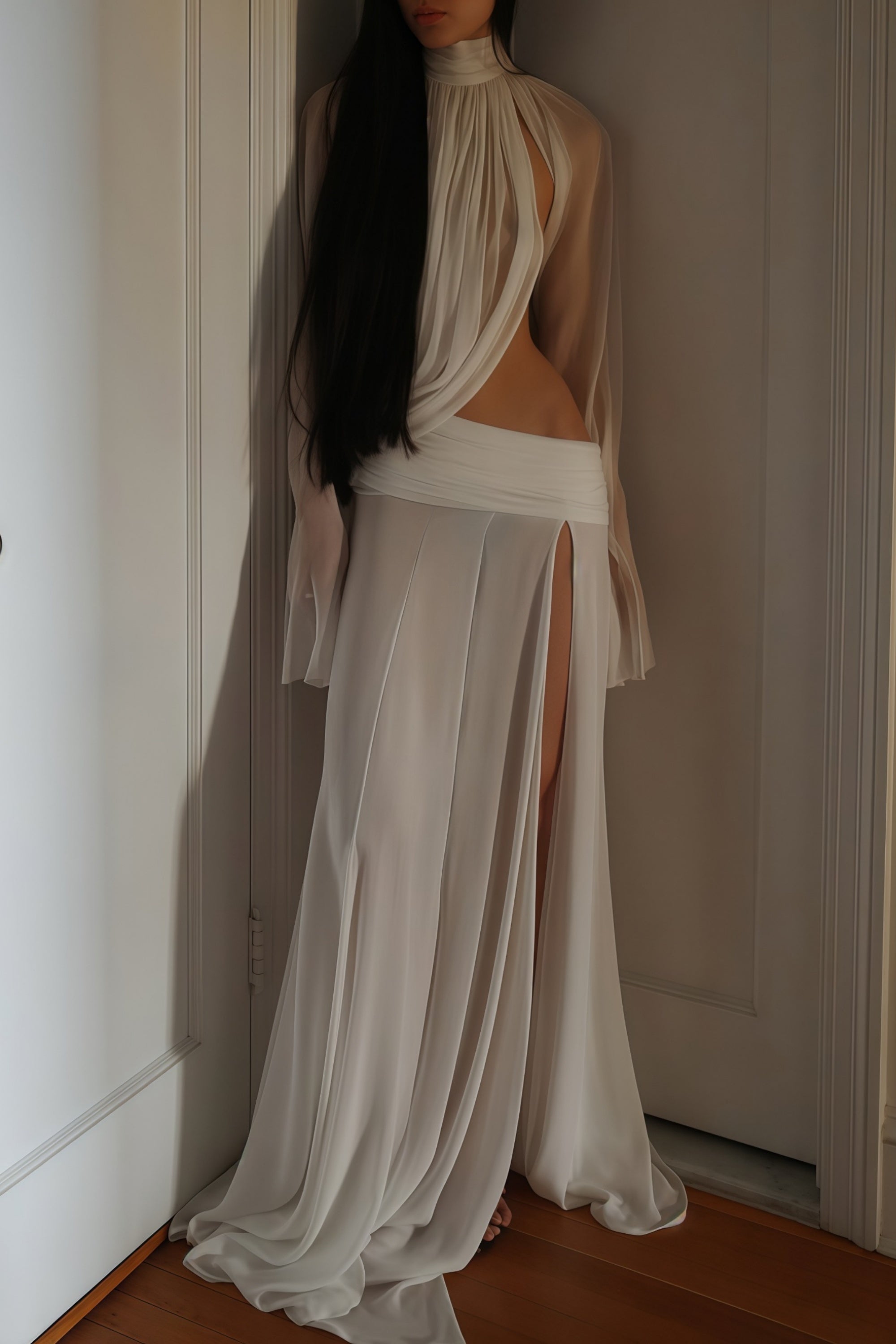 Conjunto de top y falda blanco de cuello alto con recortes, de la colección Bridal, para un estilo elegante y moderno.