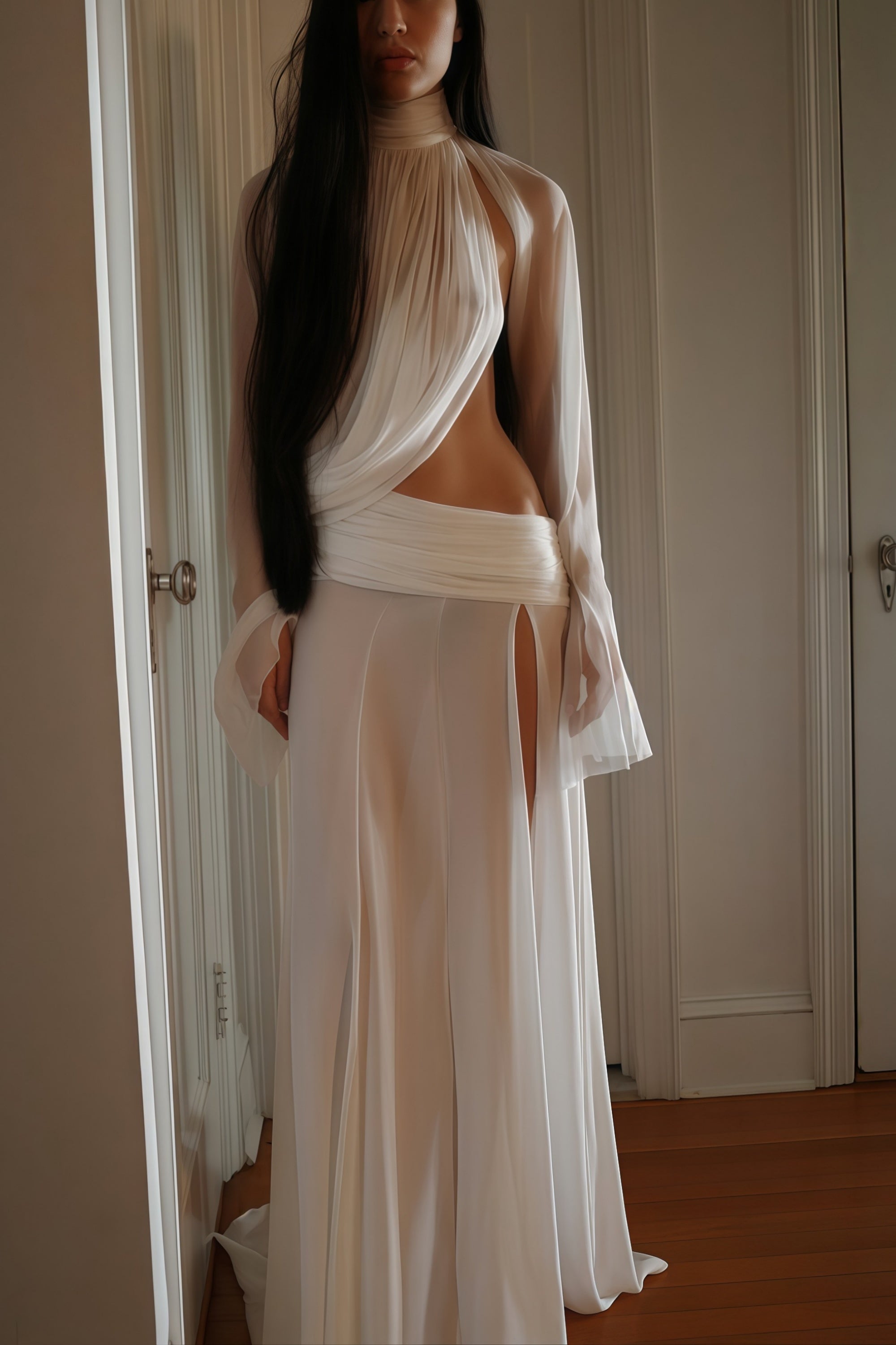 Conjunto de top y falda blanca de cuello alto con recortes de la marca Bridal, mostrando el diseño elegante y moderno.