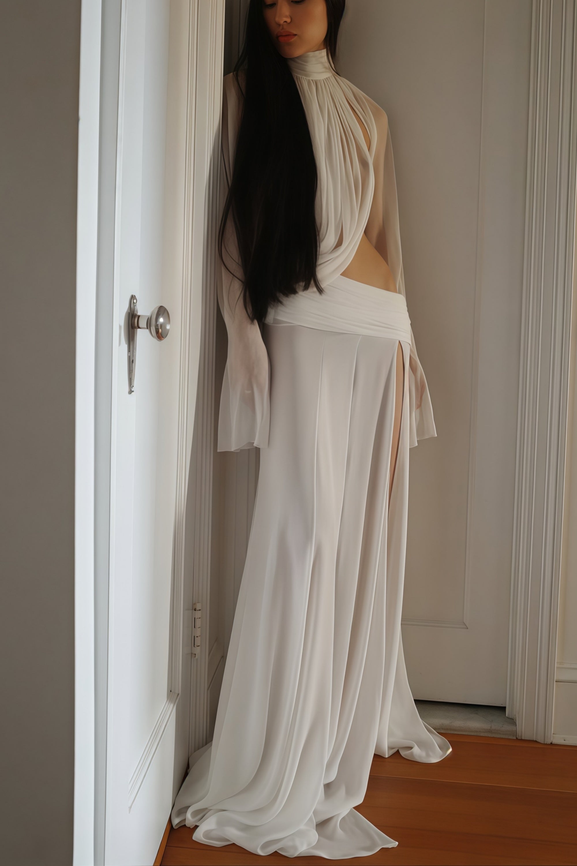 Conjunto de blusa blanca con cuello alto y recortes y falda a juego de la marca Bridal, vista en la imagen.