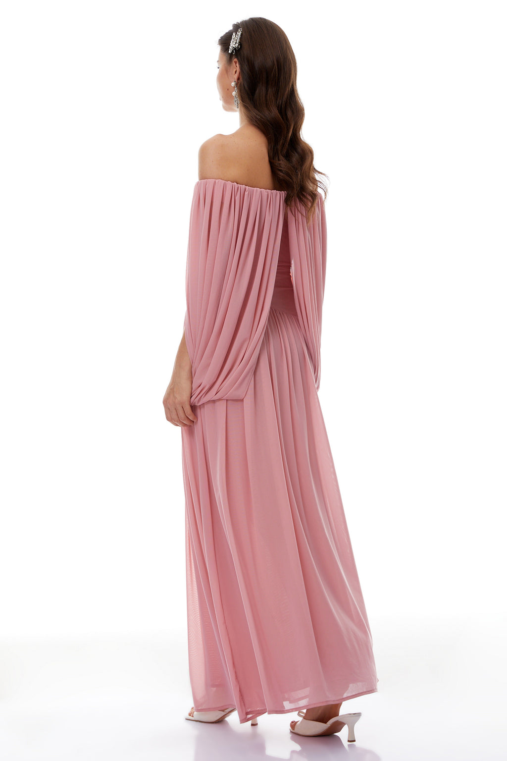 Vestido largo rosa Suné Pink con escote cruzado y frunces en la parte delantera, de la marca MRNewyork.