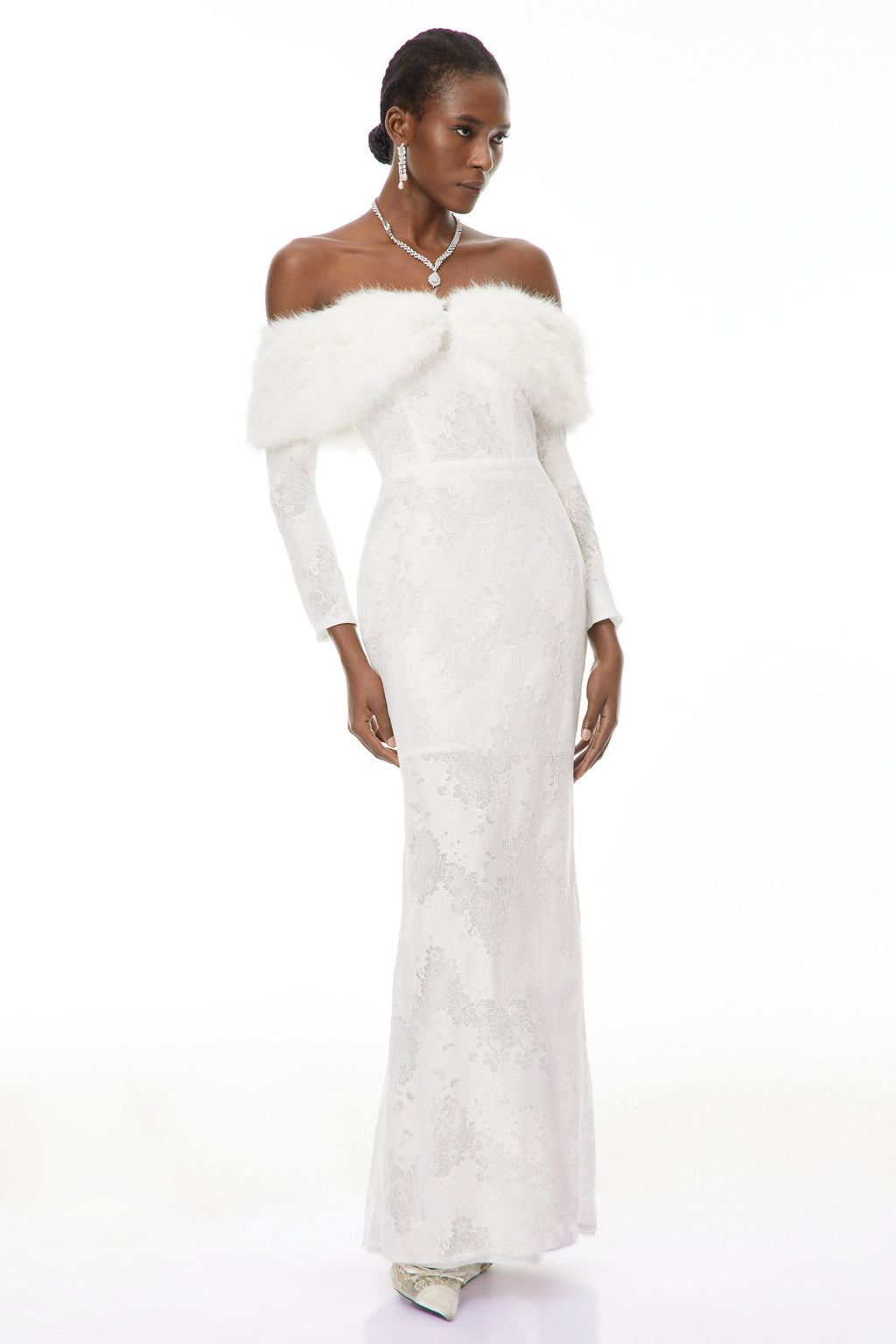 Susanne White Fur Trim Floral Lace Maxi Dress