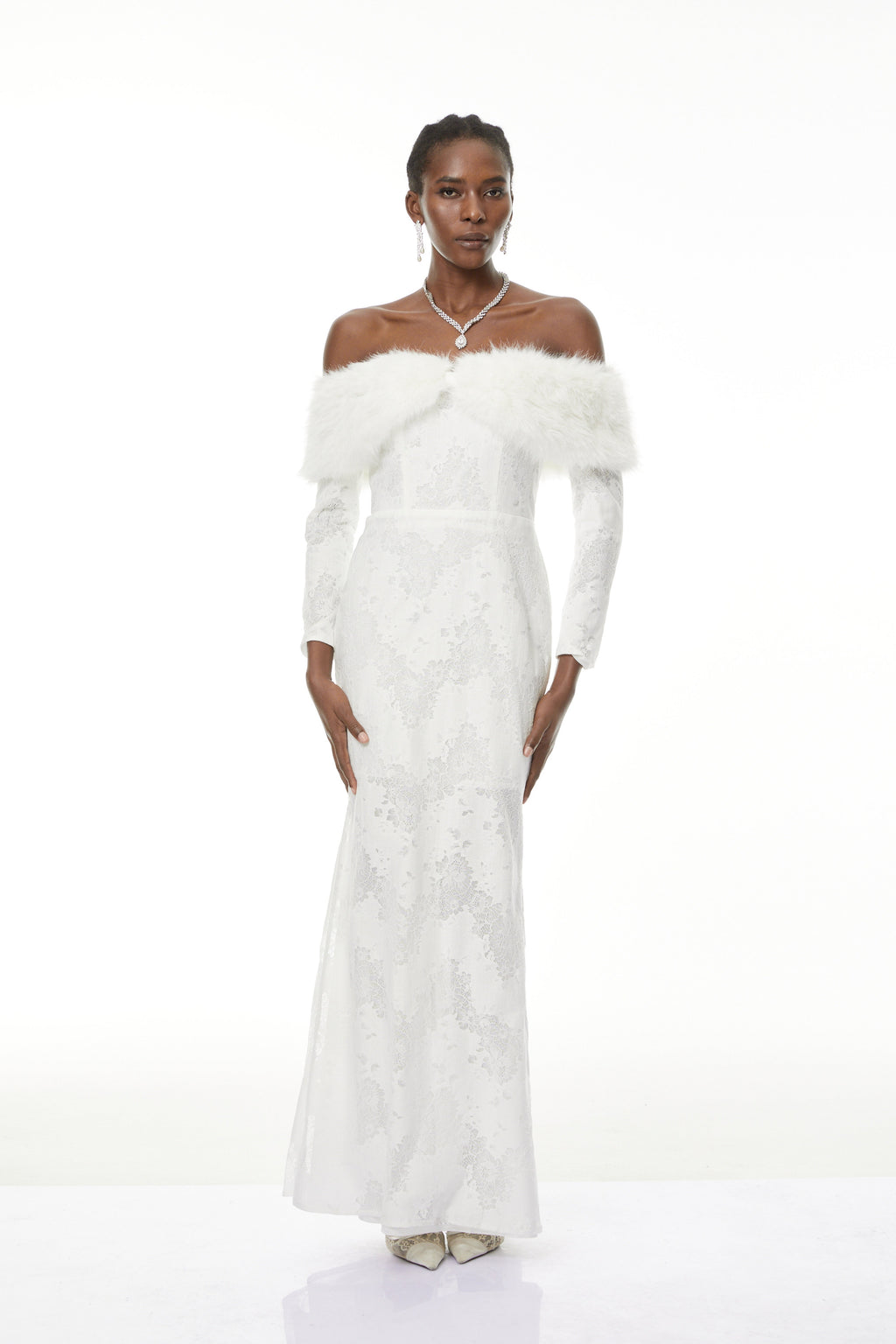 Susanne White Fur Trim Floral Lace Maxi Dress