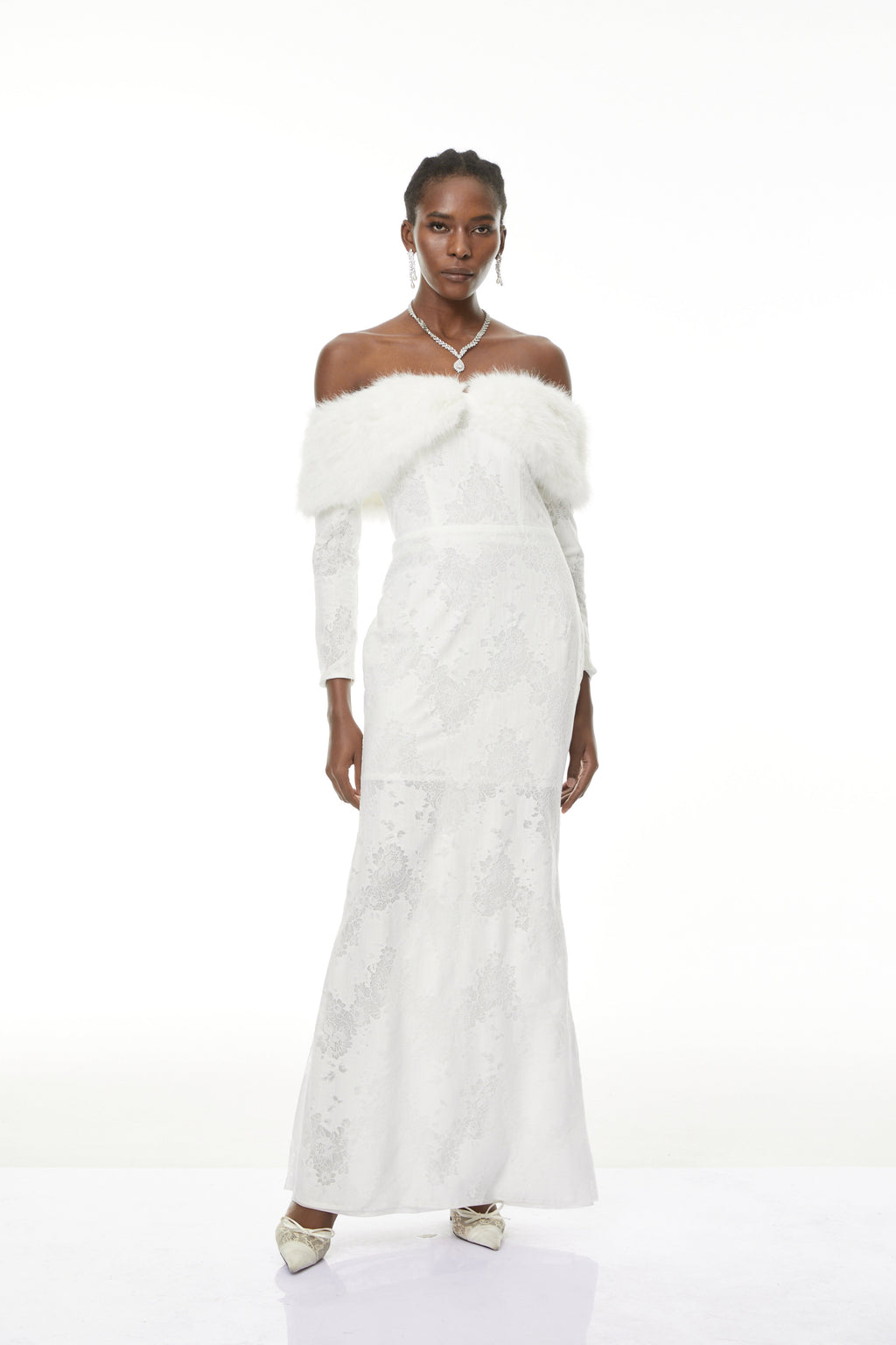 Susanne White Fur Trim Floral Lace Maxi Dress