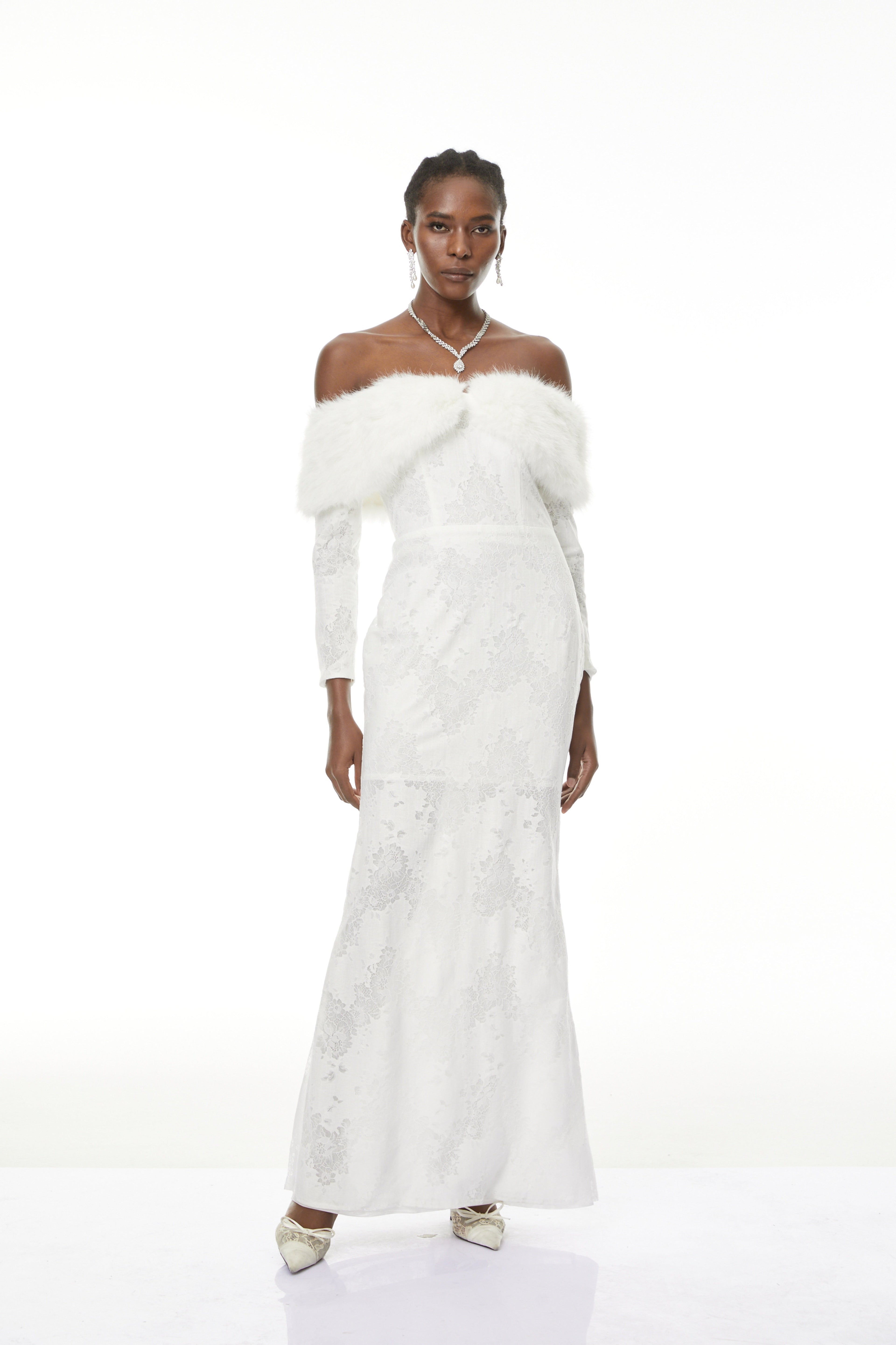 Susanne White Fur Trim Floral Lace Maxi Dress