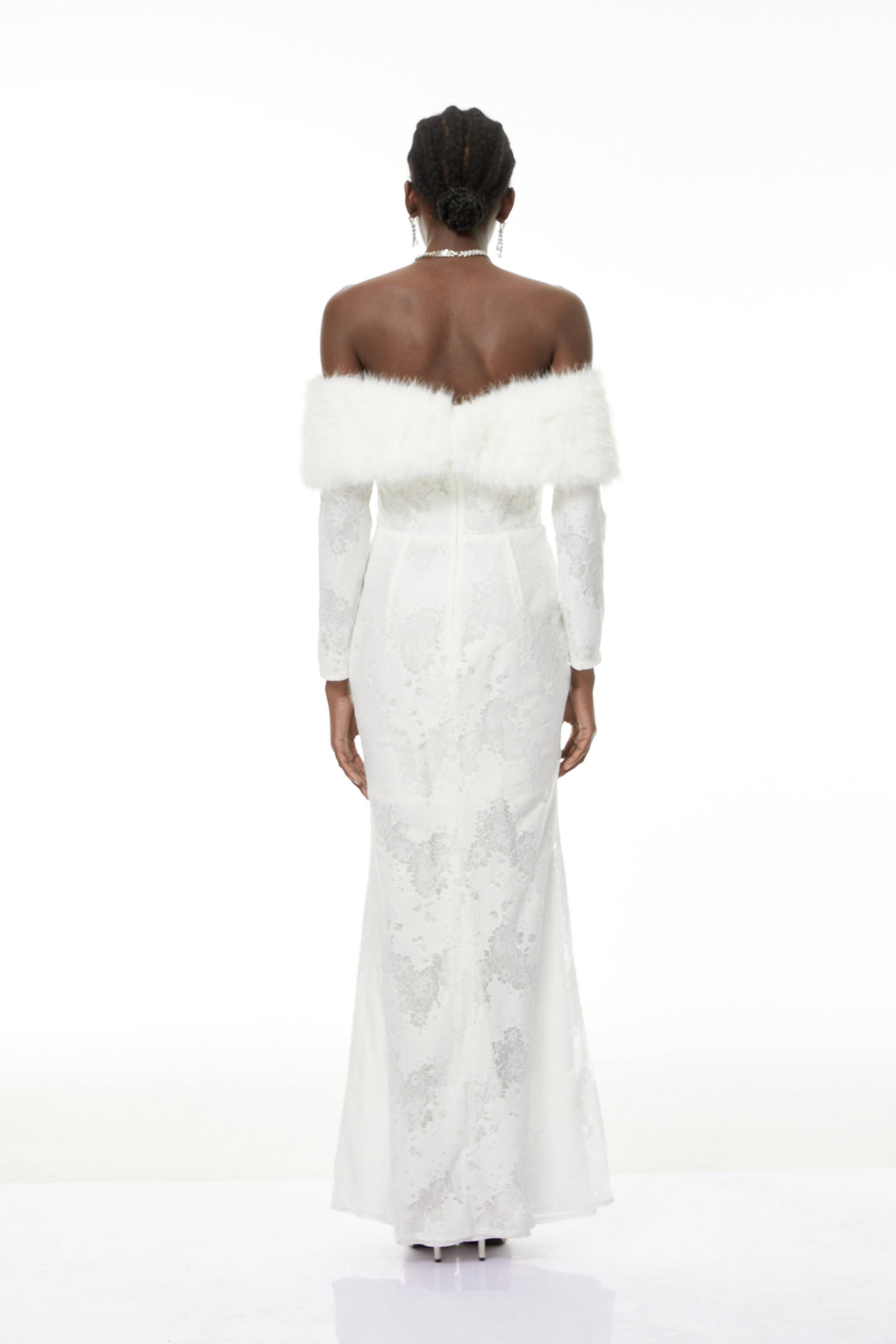 Susanne White Fur Trim Floral Lace Maxi Dress