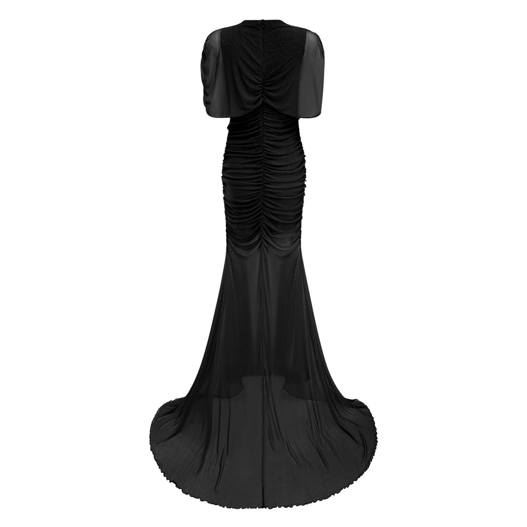 Vestido largo asimétrico de malla negra Sylphe de MRTokyo, con fruncido y diseño elegante para ocasiones especiales.