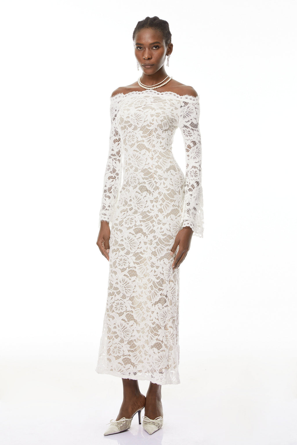Theresa White Semi-Sheer Floral Lace Maxi Dress