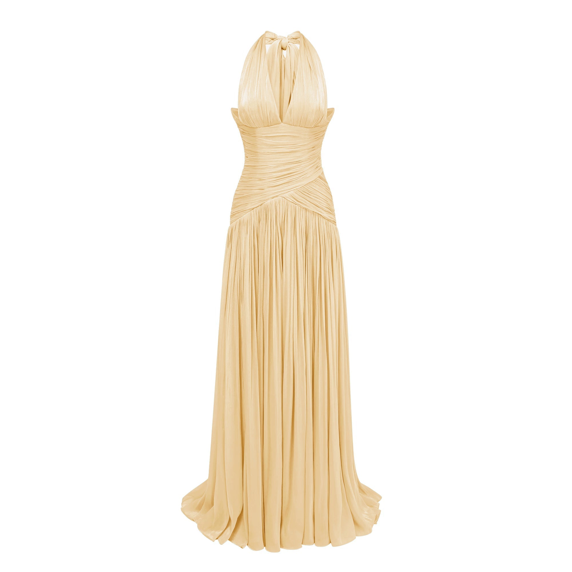 Vestido maxi amarillo Uranie Bridal con tela recogida, estilo largo y elegante en la imagen.