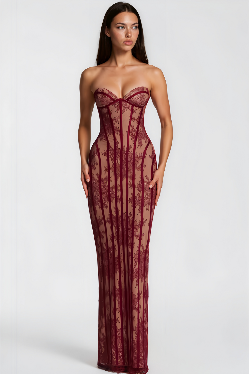 Vestido largo maxi rojo con encaje floral y corsé ajustado de la marca MRNewyork, en una vista frontal.