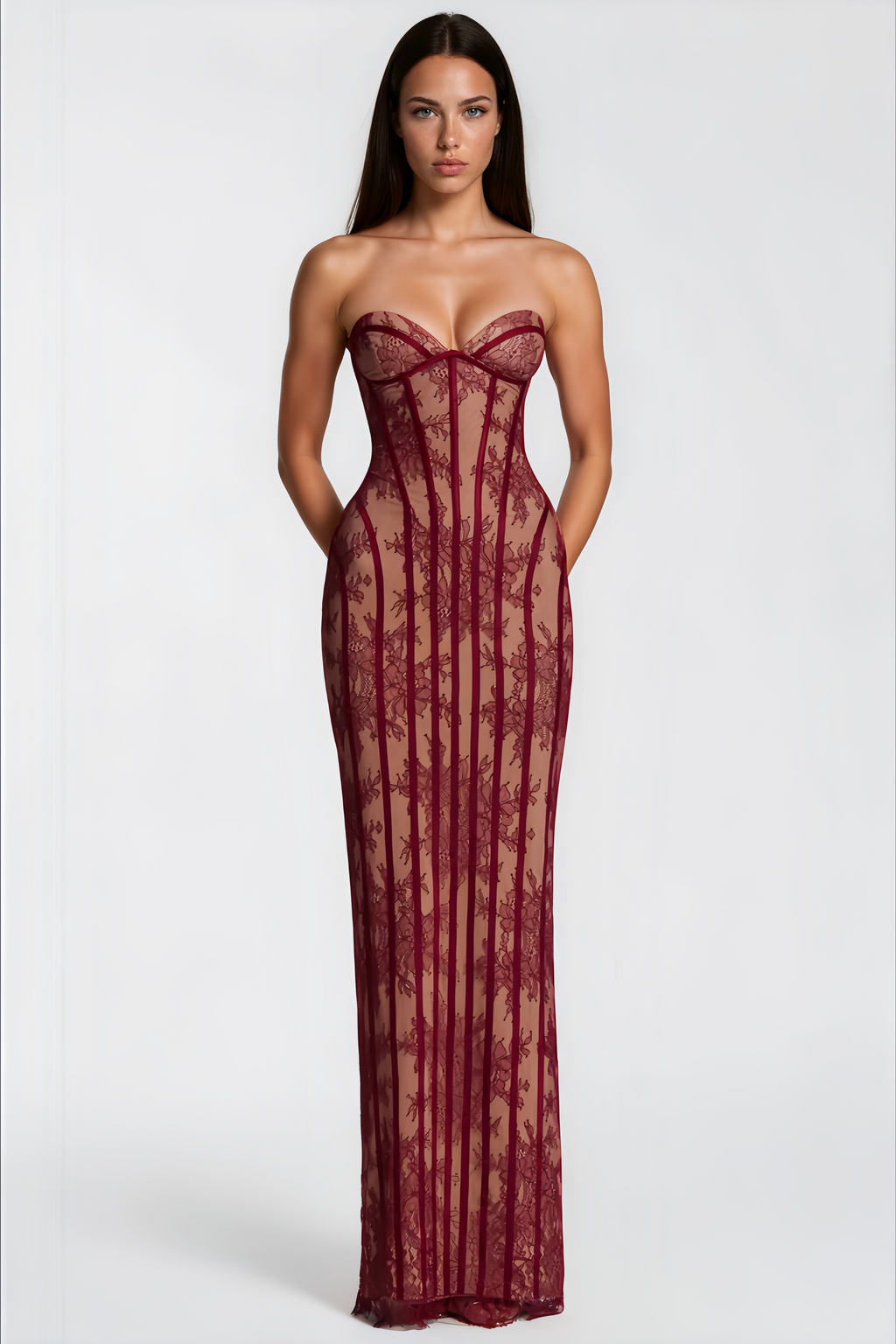 Vestido maxi corsé rojo con encaje floral de la marca MRNewyork, con diseño elegante y detalles delicados en la parte superior.