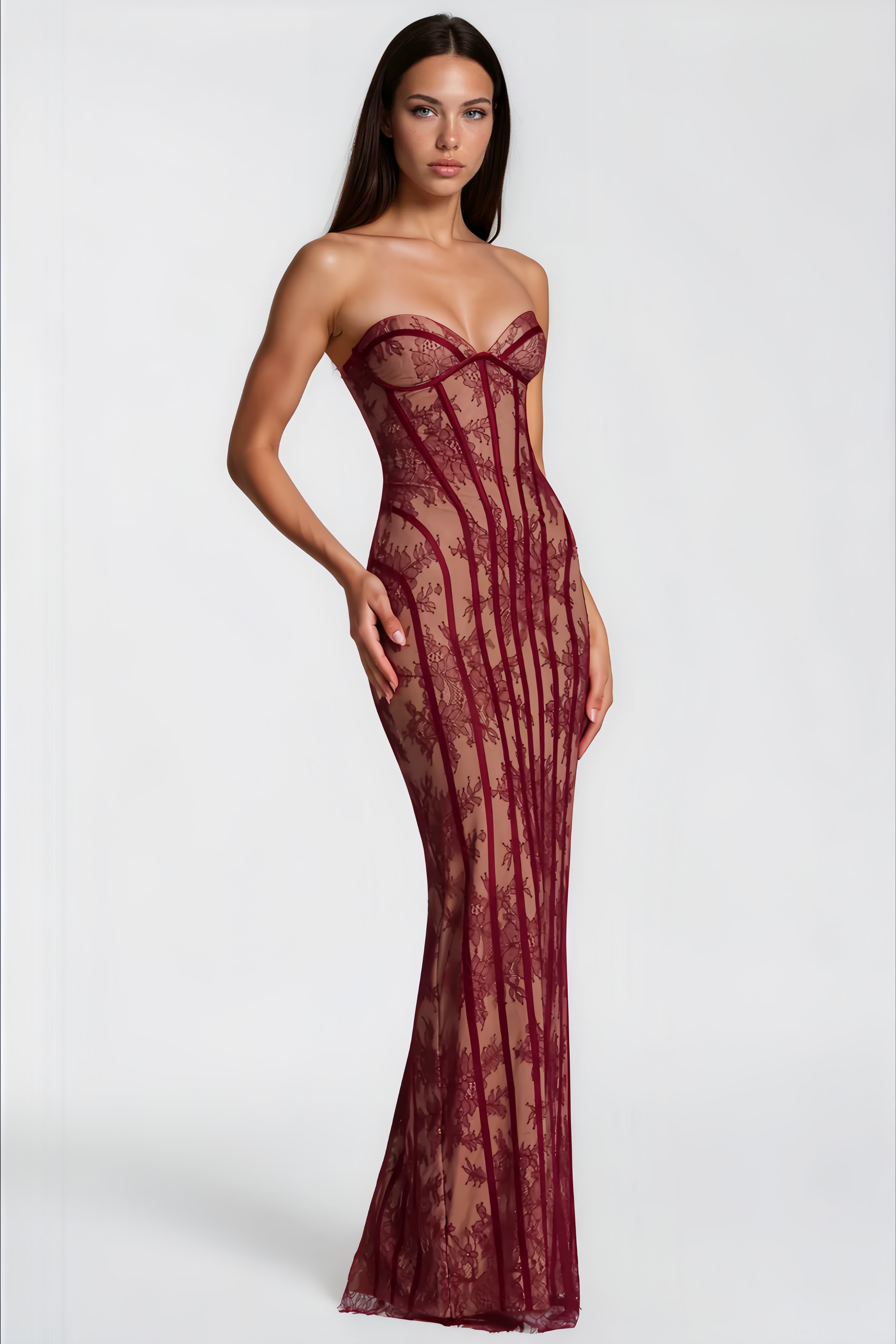 Vestido maxi rojo con corsé de encaje floral de MRNewyork, detalles elegantes y diseño ajustado en la parte superior.