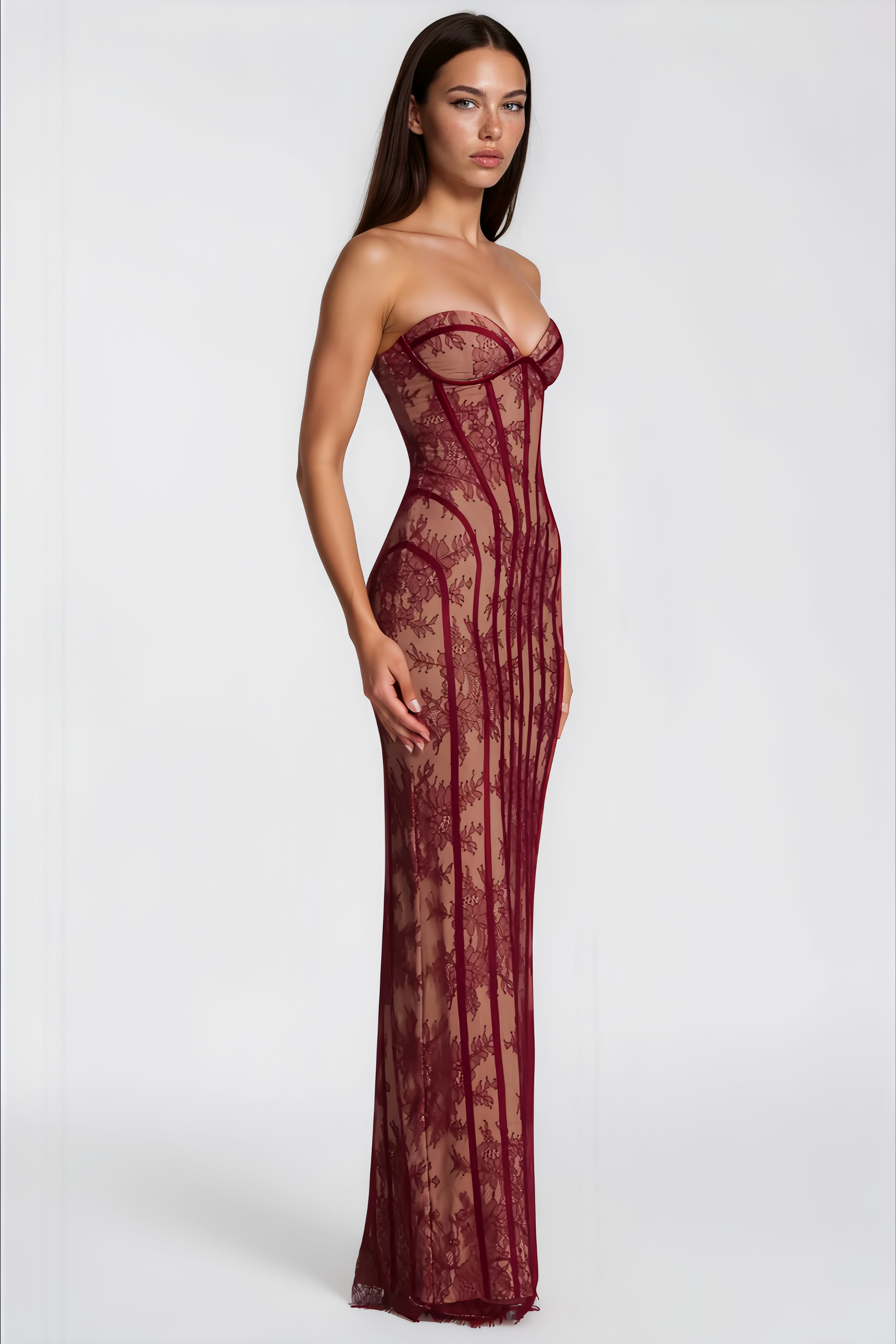Vestido maxi rojo con corsé de encaje floral de la marca MRNewyork, elegante y ajustado, con detalles delicados en la parte superior.