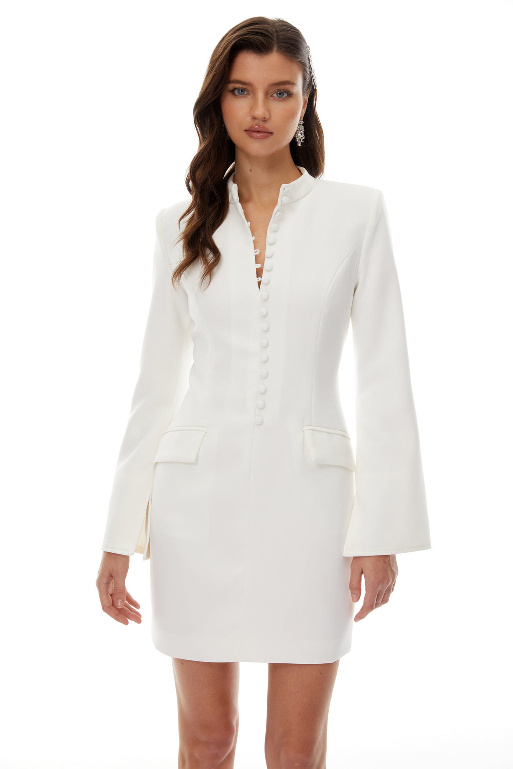 Valeria White Stand Collar Long Sleeves Mini Dress