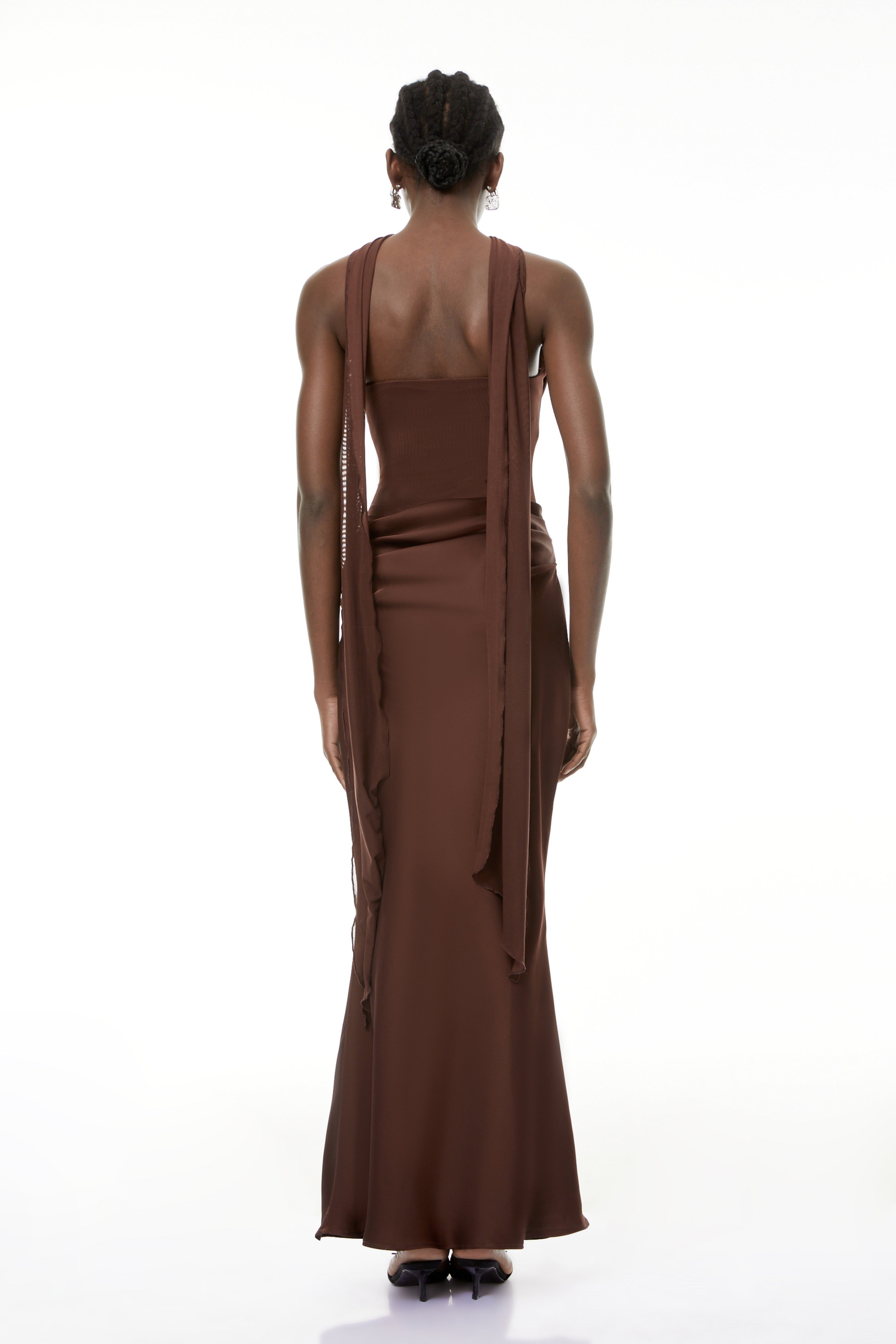 Vedette Brown Ruched Corset Maxi Dress (Without Gloves)